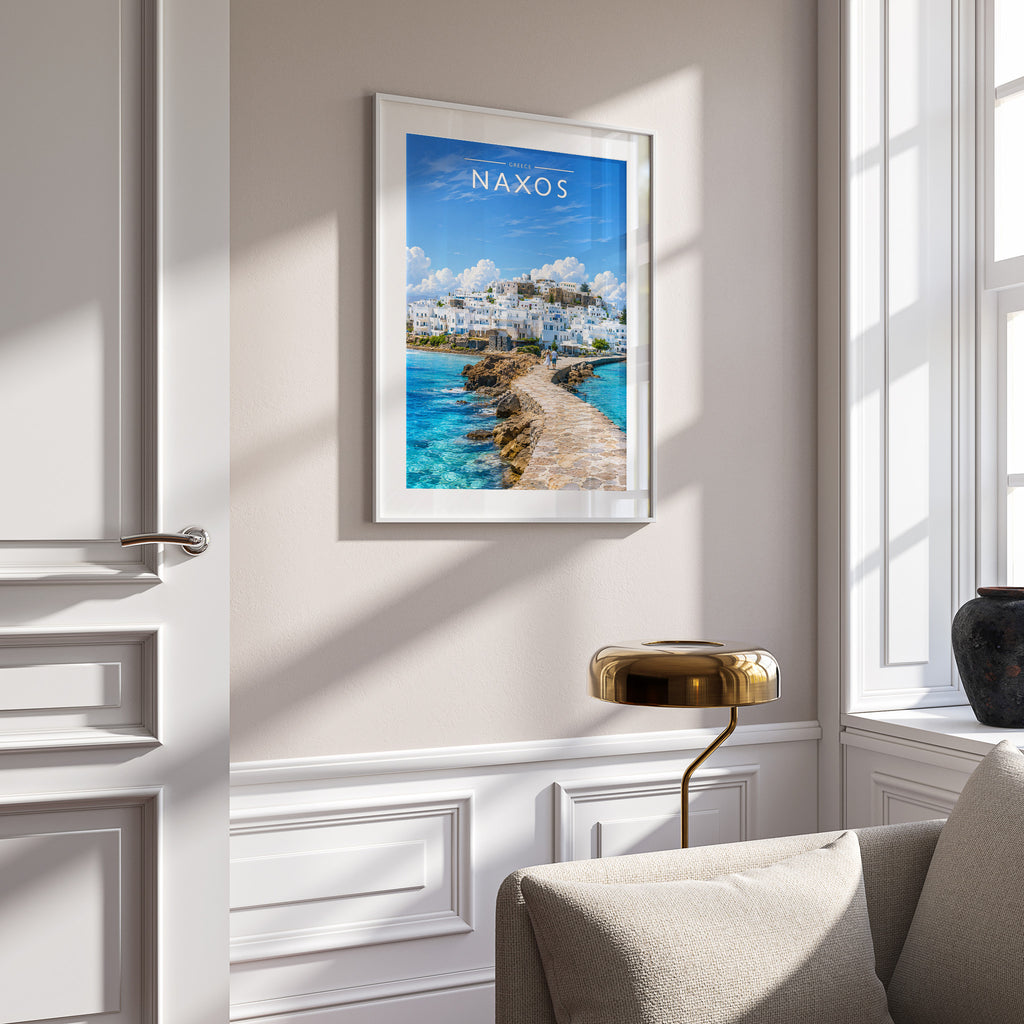 Naxos Travel Poster in a white frame on a panelled wall