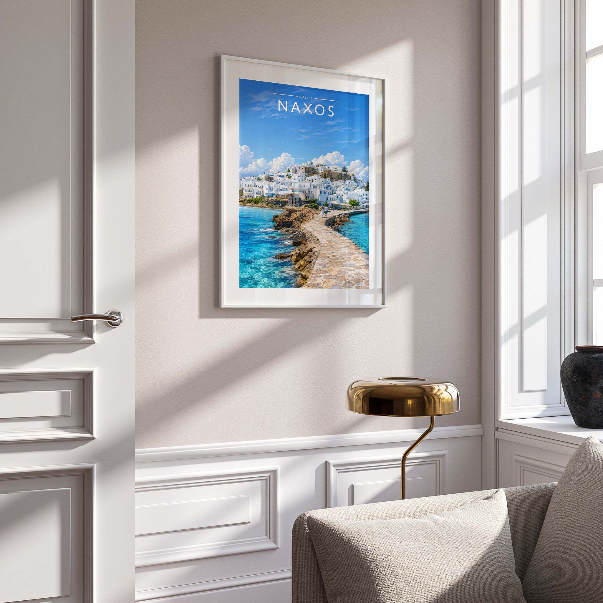 Naxos Travel Poster in a white frame on a panelled wall