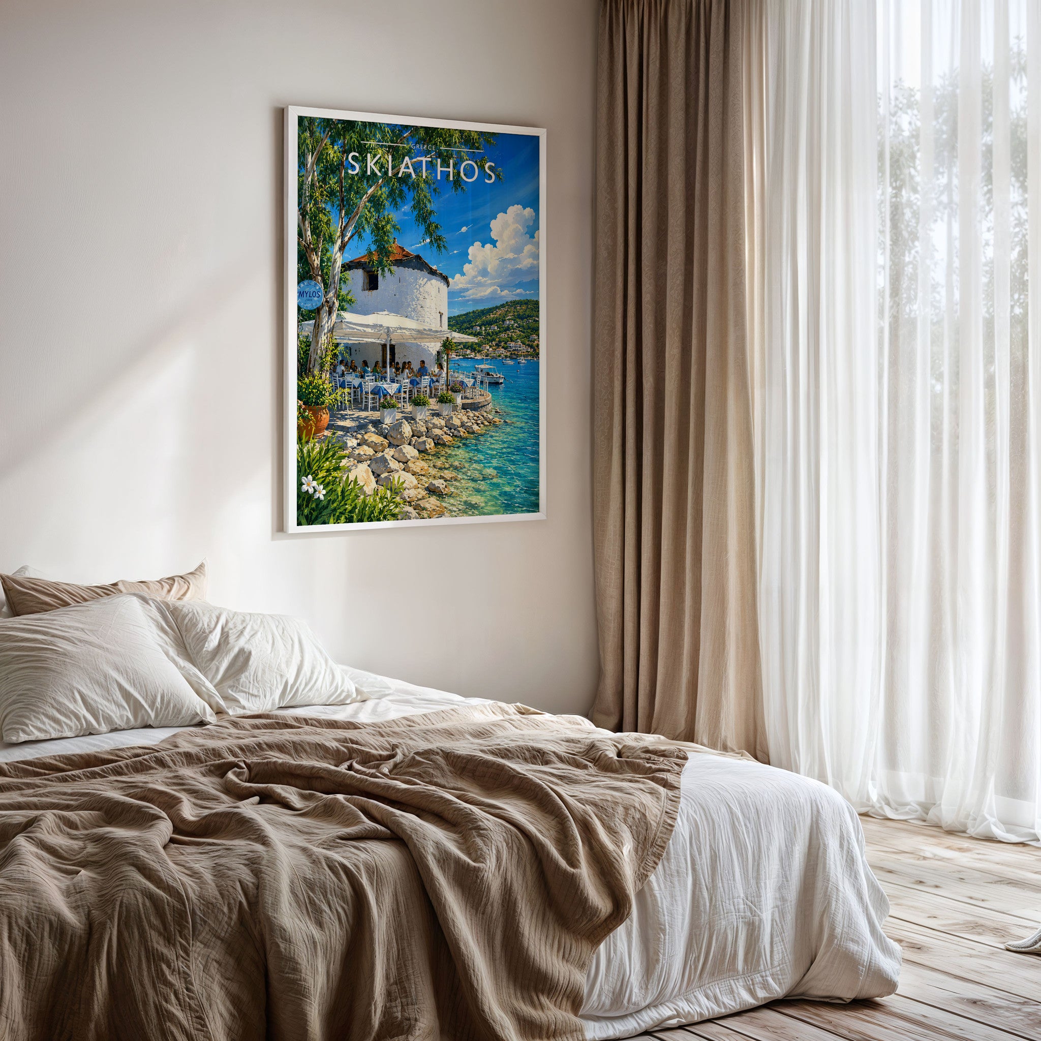 Skiathos #3 Travel Poster framed on a bedroom wall