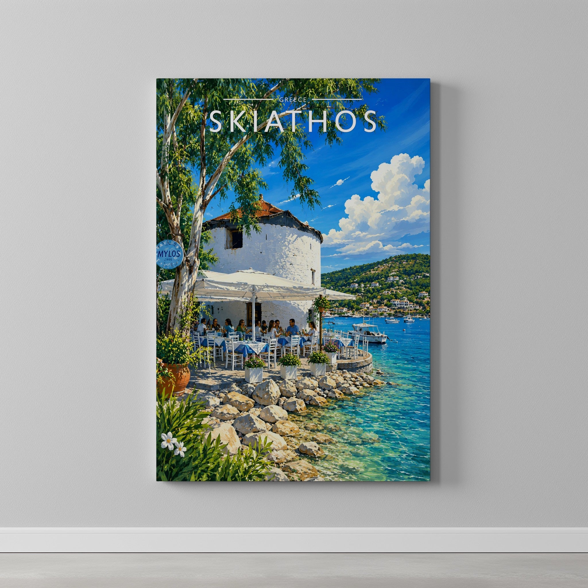 Skiathos #3 Travel Poster as a gallery-wrapped canvas on a plain wall