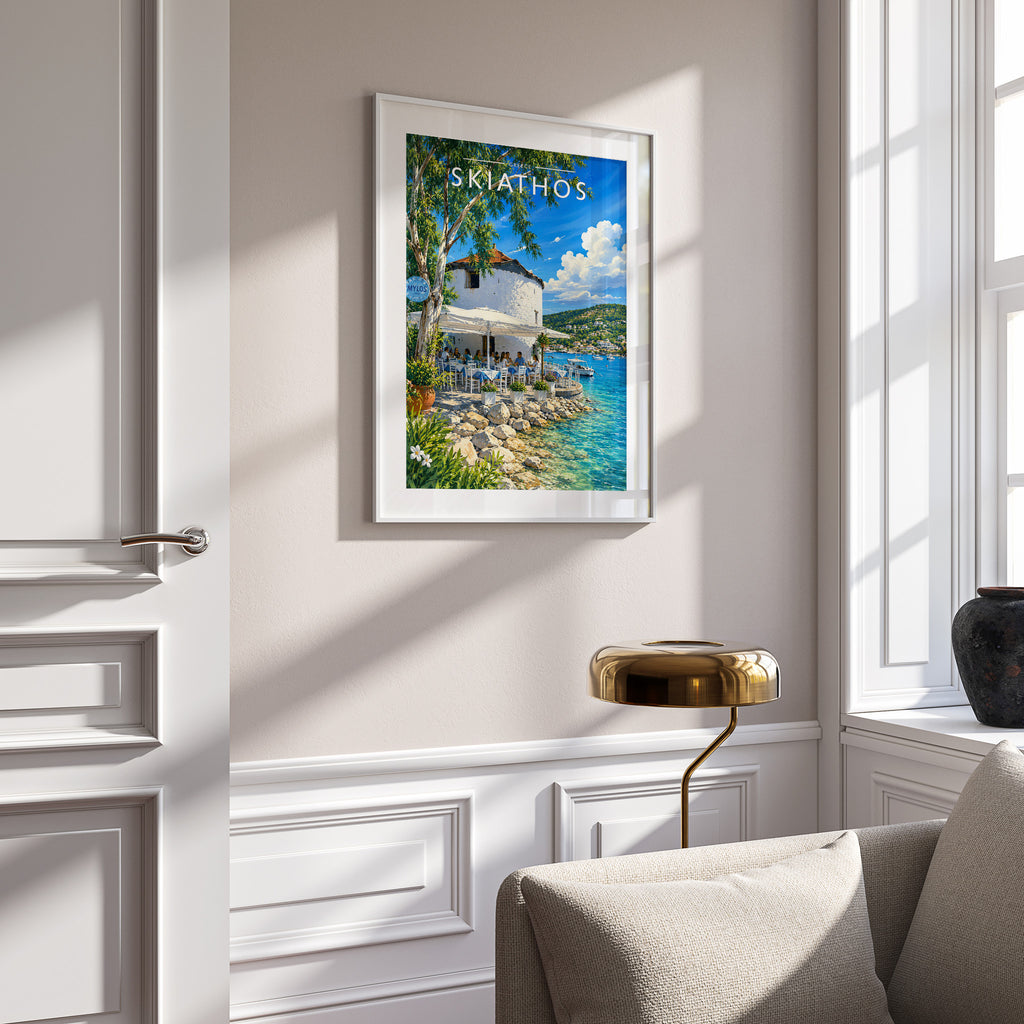 Skiathos #3 Travel Poster in a white frame on a panelled wall