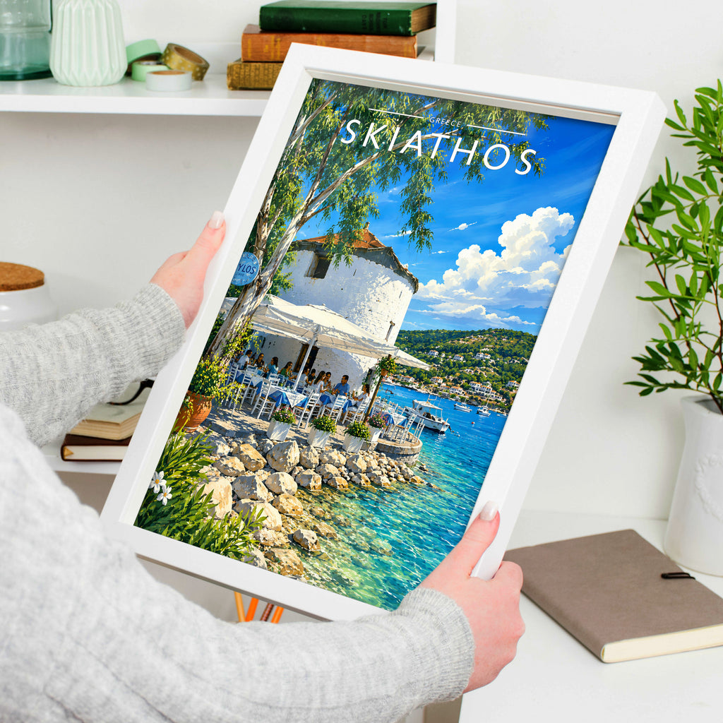 Skiathos #3 Travel Poster in a white frame, held to show scale