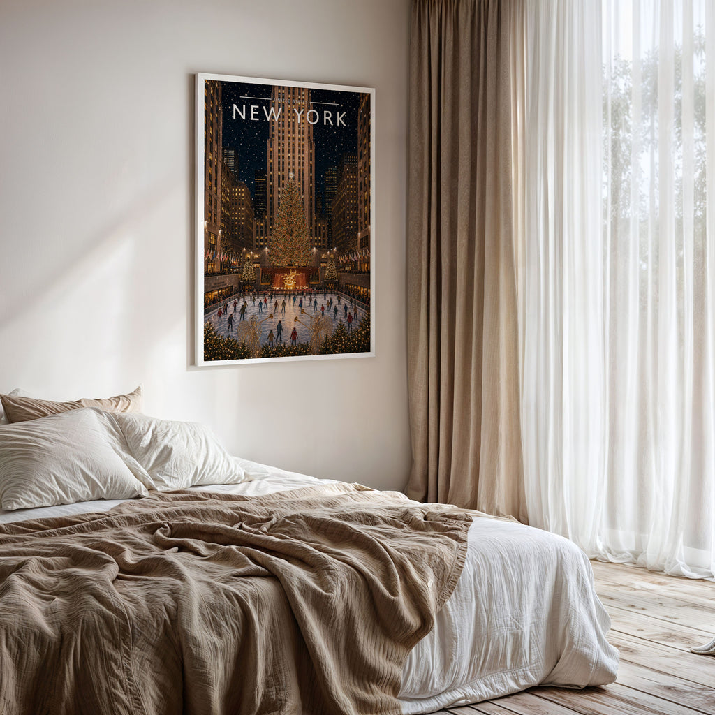 New York #6 Travel Poster framed on a bedroom wall