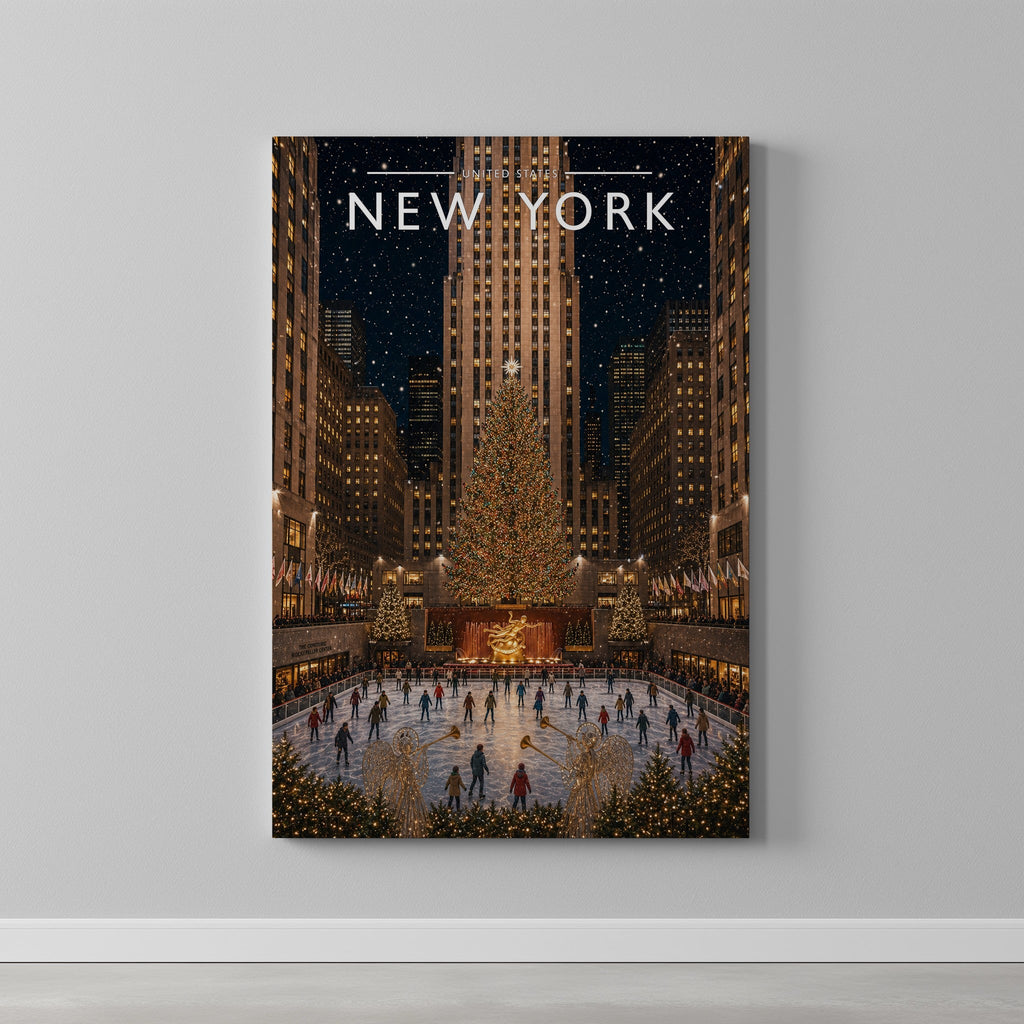 New York #6 Travel Poster as a gallery-wrapped canvas on a plain wall
