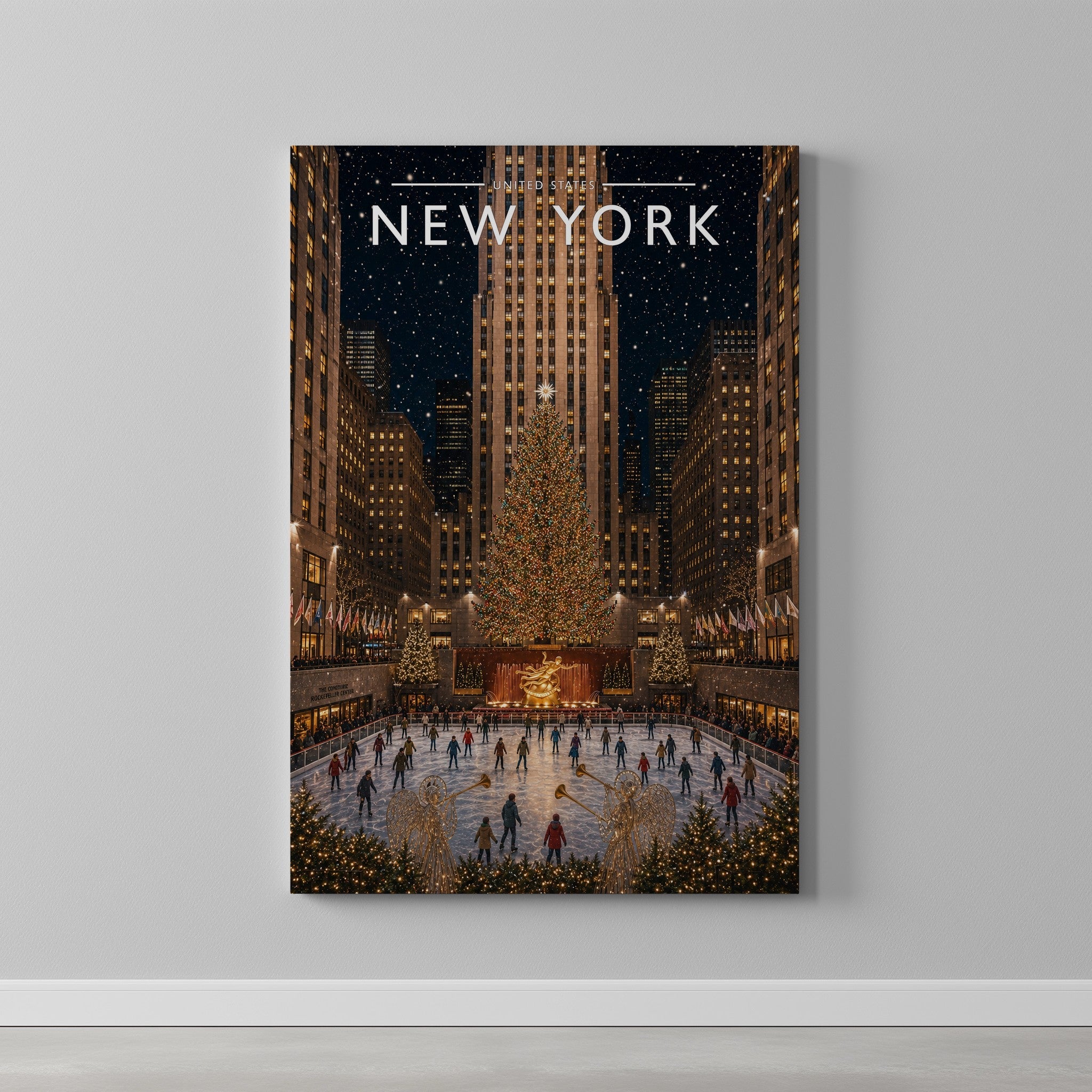 New York #6 Travel Poster as a gallery-wrapped canvas on a plain wall