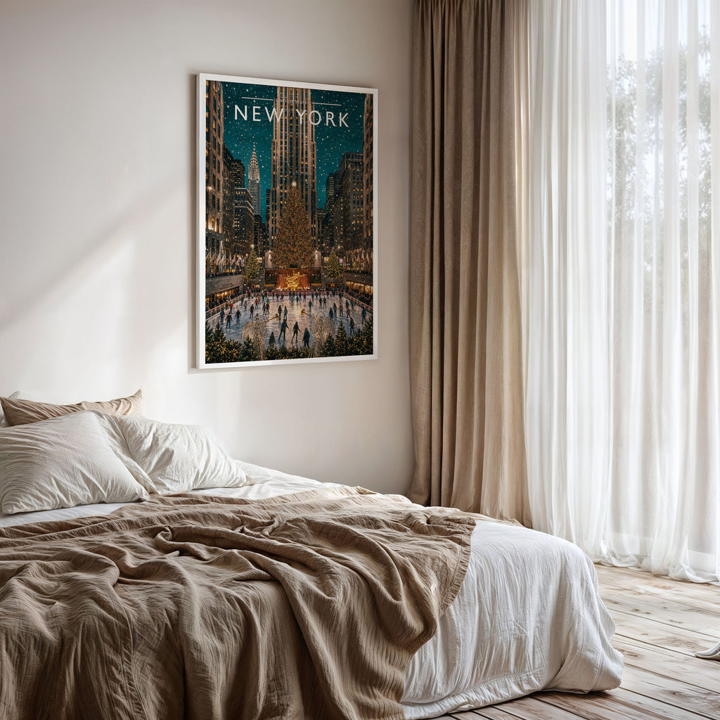 New York #7 Travel Poster framed on a bedroom wall