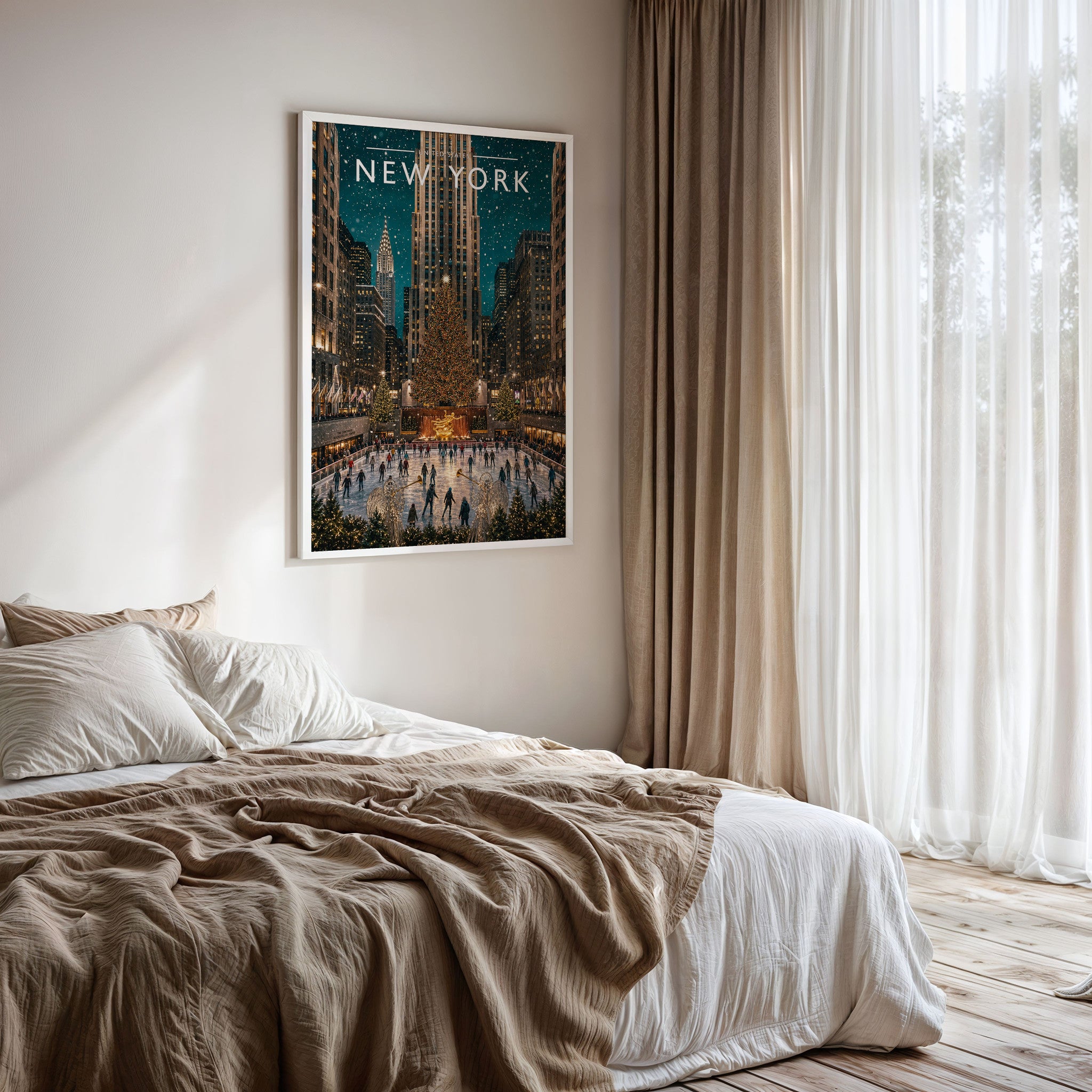 New York #7 Travel Poster framed on a bedroom wall