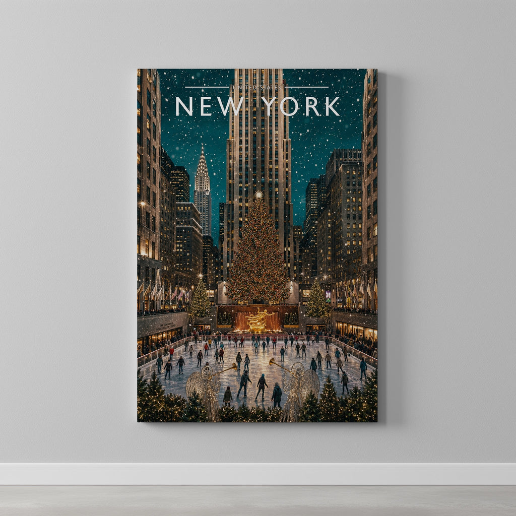 New York #7 Travel Poster as a gallery-wrapped canvas on a plain wall