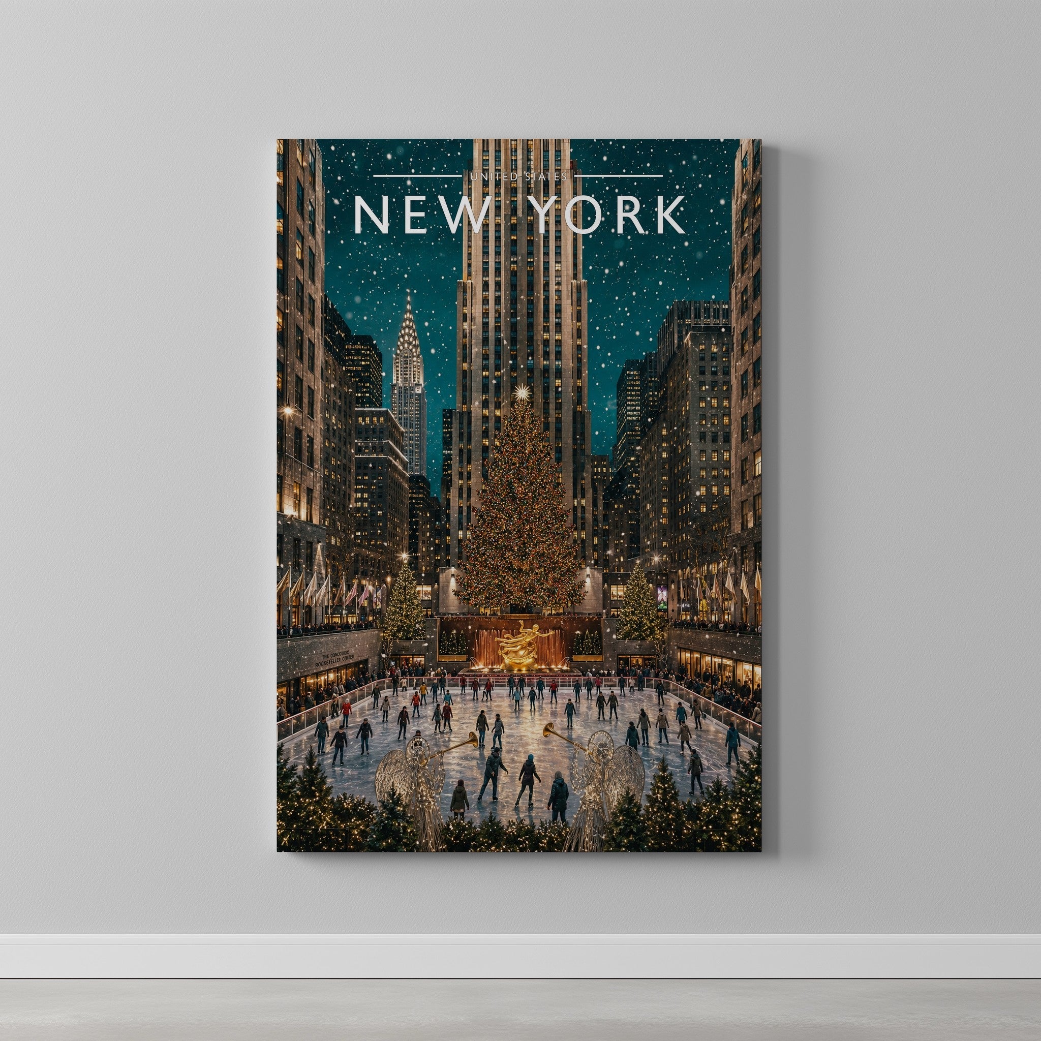 New York #7 Travel Poster as a gallery-wrapped canvas on a plain wall