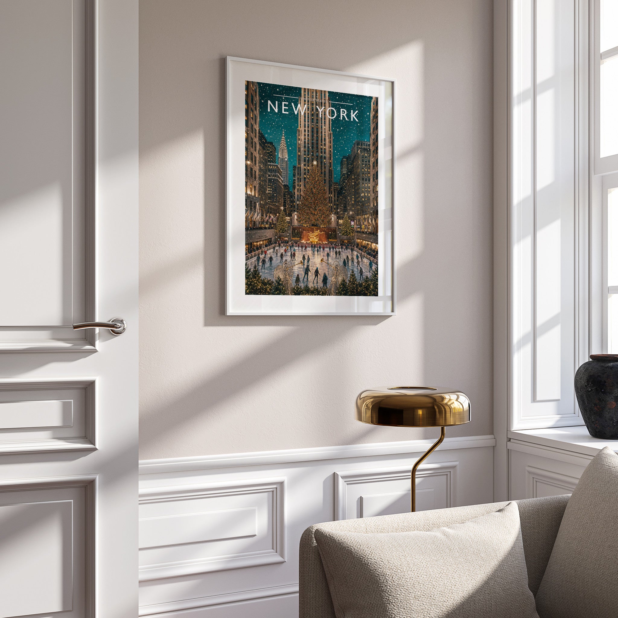 New York #7 Travel Poster in a white frame on a panelled wall