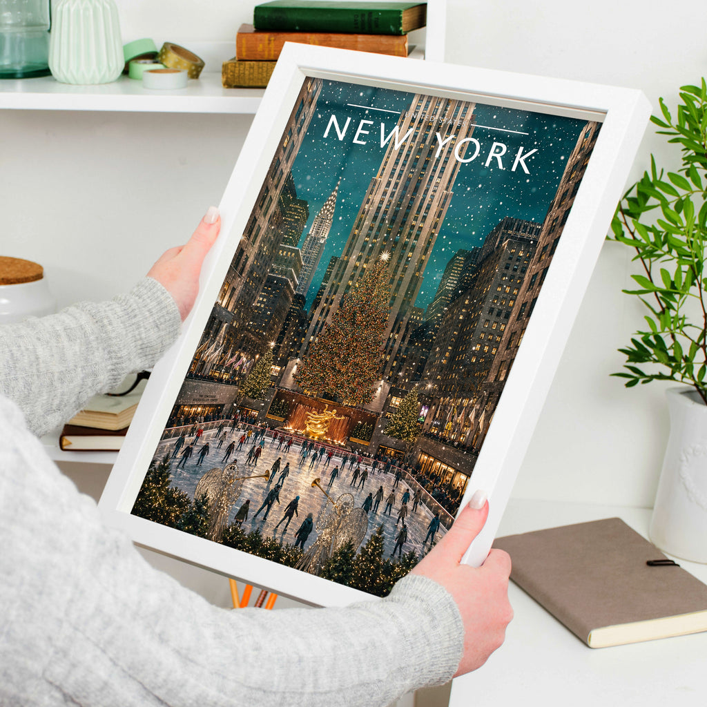 New York #7 Travel Poster in a white frame, held to show scale