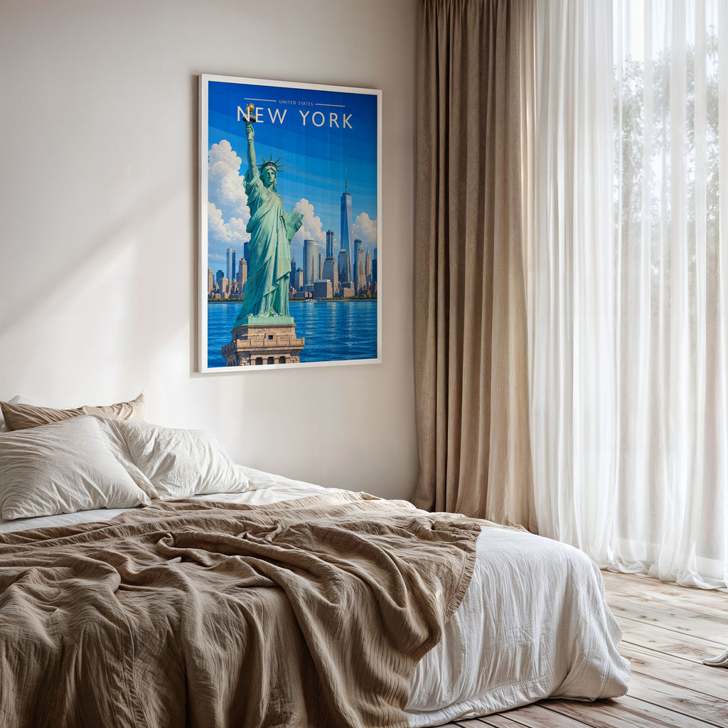 New York #8 Travel Poster framed on a bedroom wall