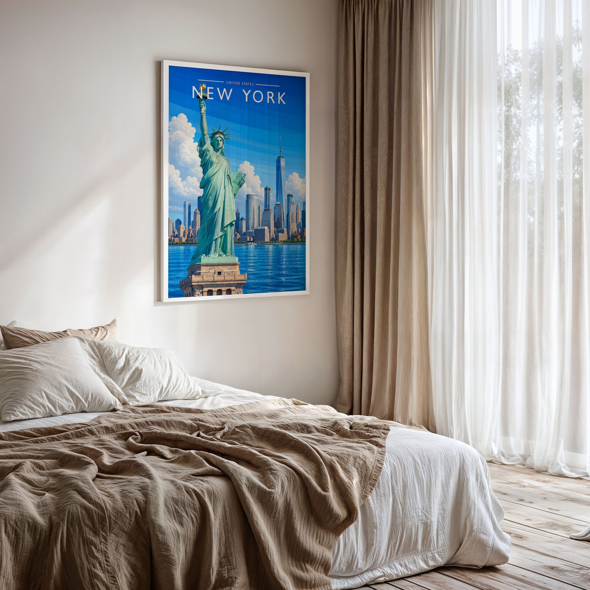 New York #8 Travel Poster framed on a bedroom wall