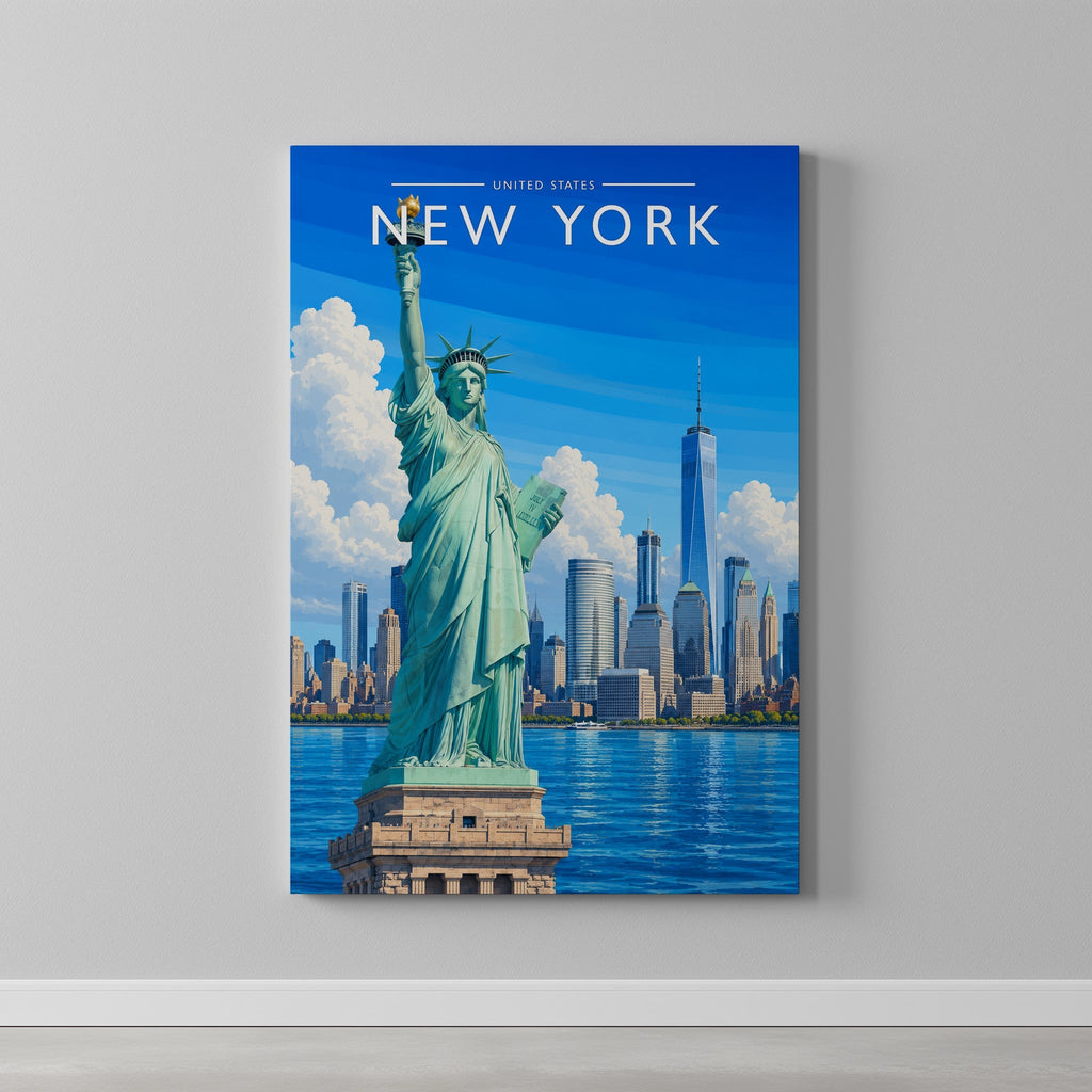 New York #8 Travel Poster as a gallery-wrapped canvas on a plain wall