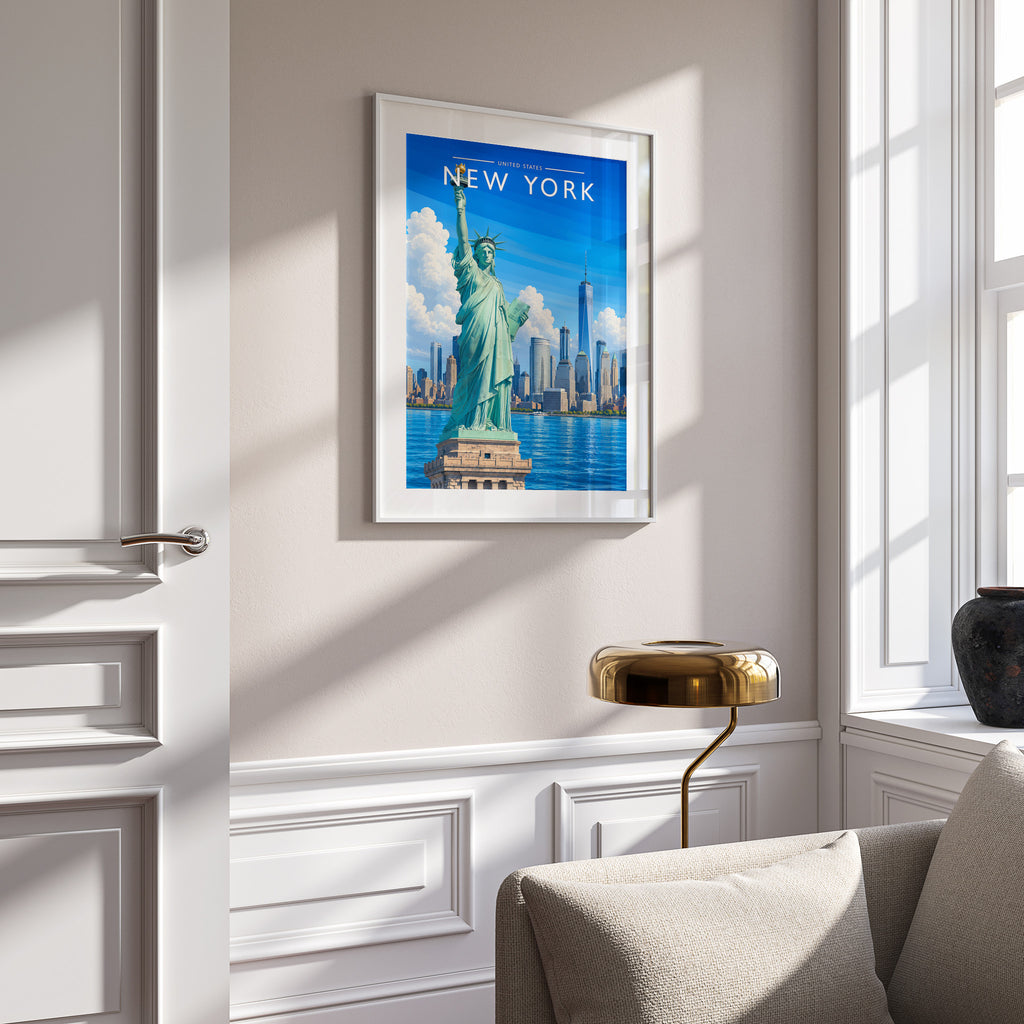 New York #8 Travel Poster in a white frame on a panelled wall