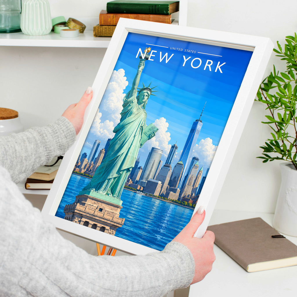 New York #8 Travel Poster in a white frame, held to show scale