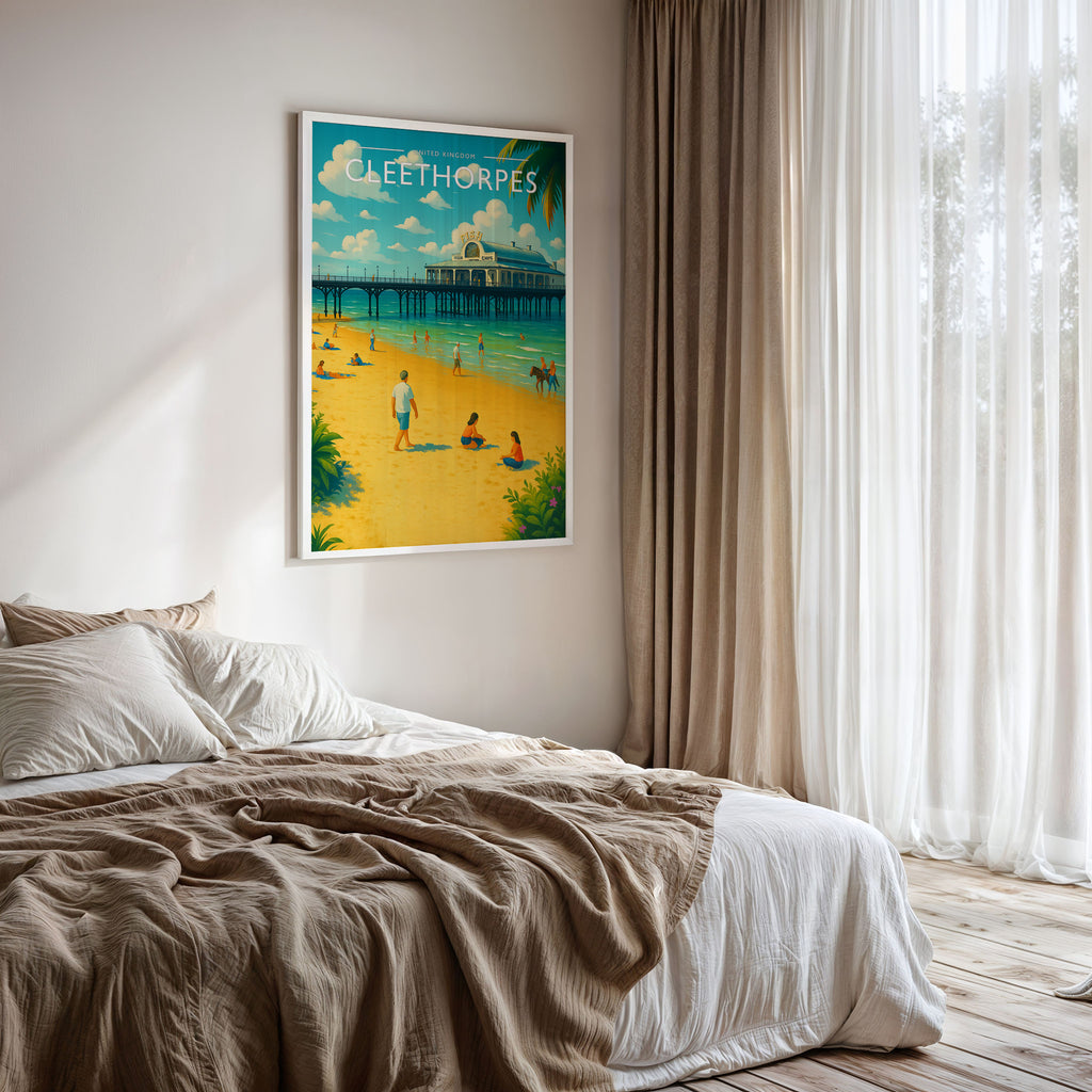 Cleethorpes Travel Poster framed on a bedroom wall