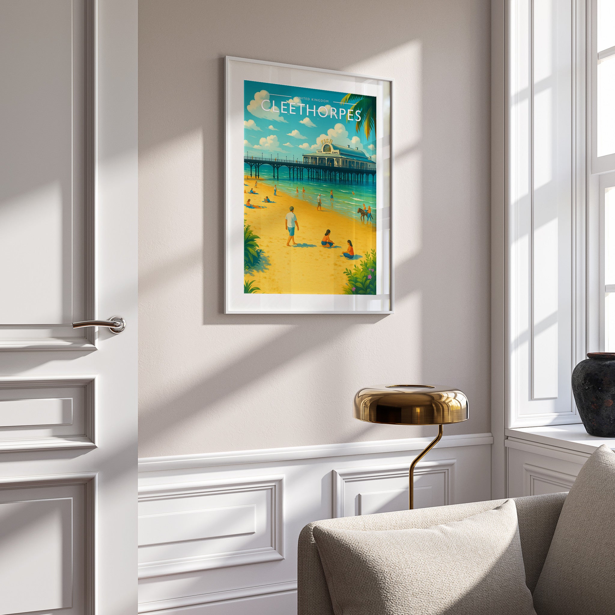 Cleethorpes Travel Poster in a white frame on a panelled wall