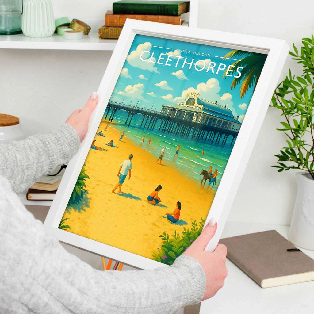 Cleethorpes Travel Poster in a white frame, held to show scale