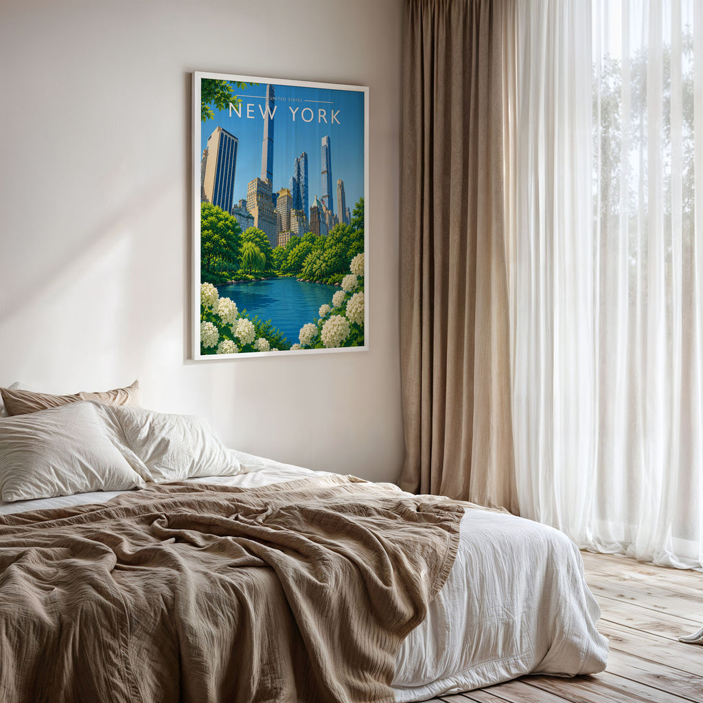 New York #9 Travel Poster framed on a bedroom wall