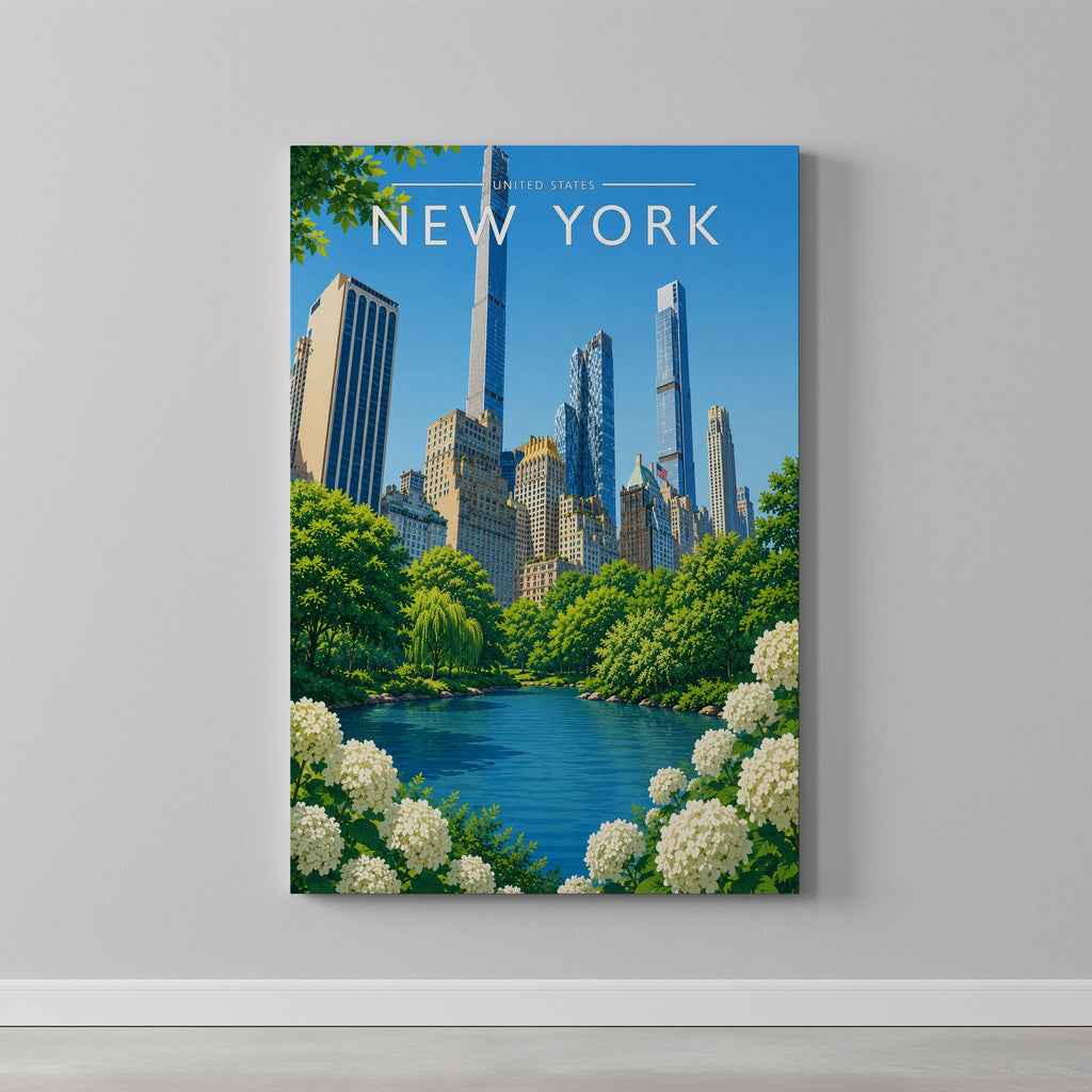 New York #9 Travel Poster as a gallery-wrapped canvas on a plain wall