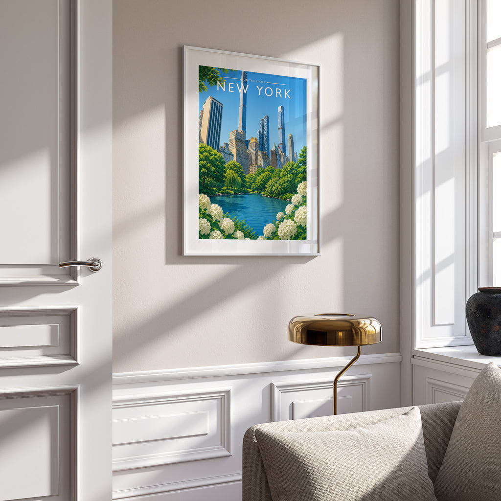New York #9 Travel Poster in a white frame on a panelled wall