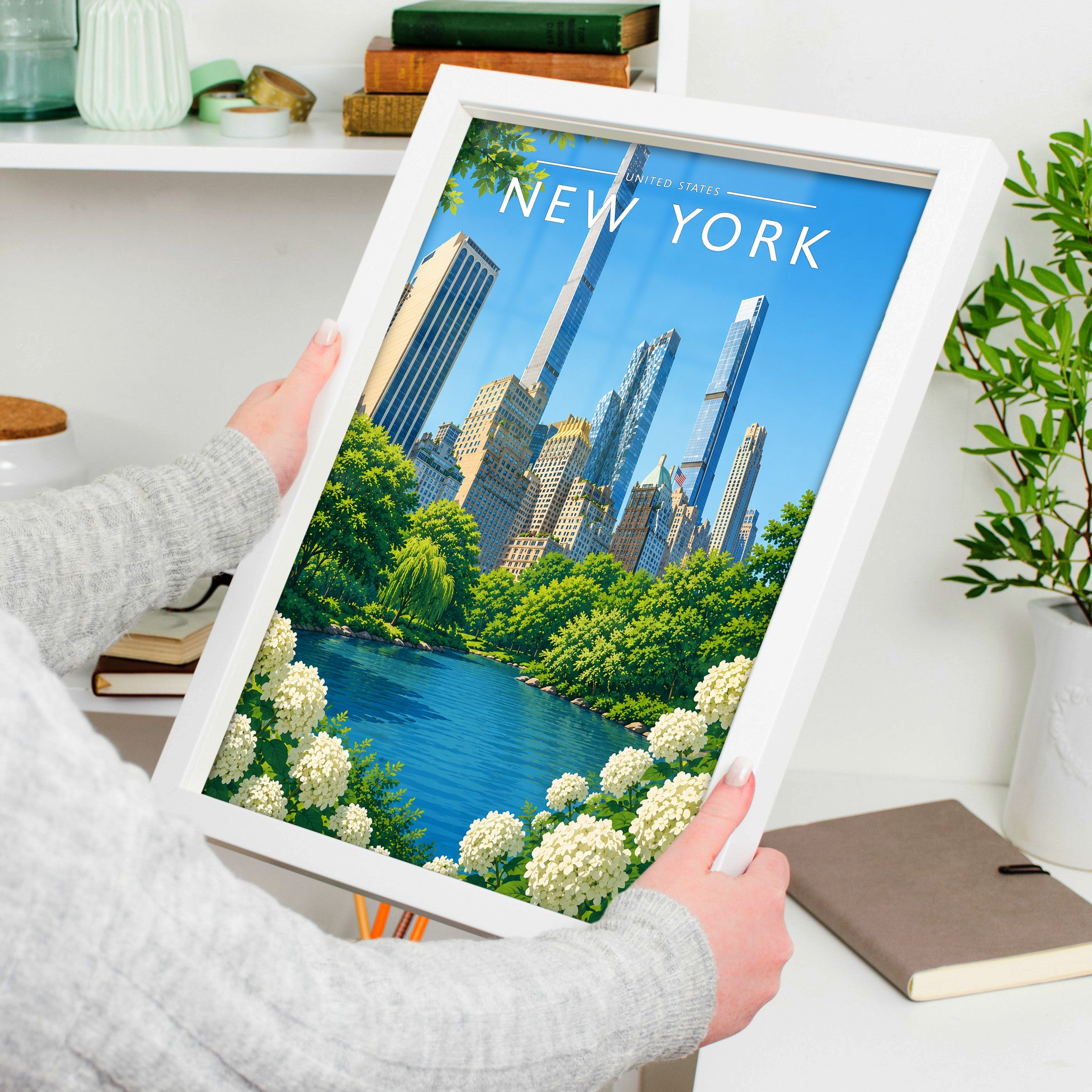 New York #9 Travel Poster in a white frame, held to show scale