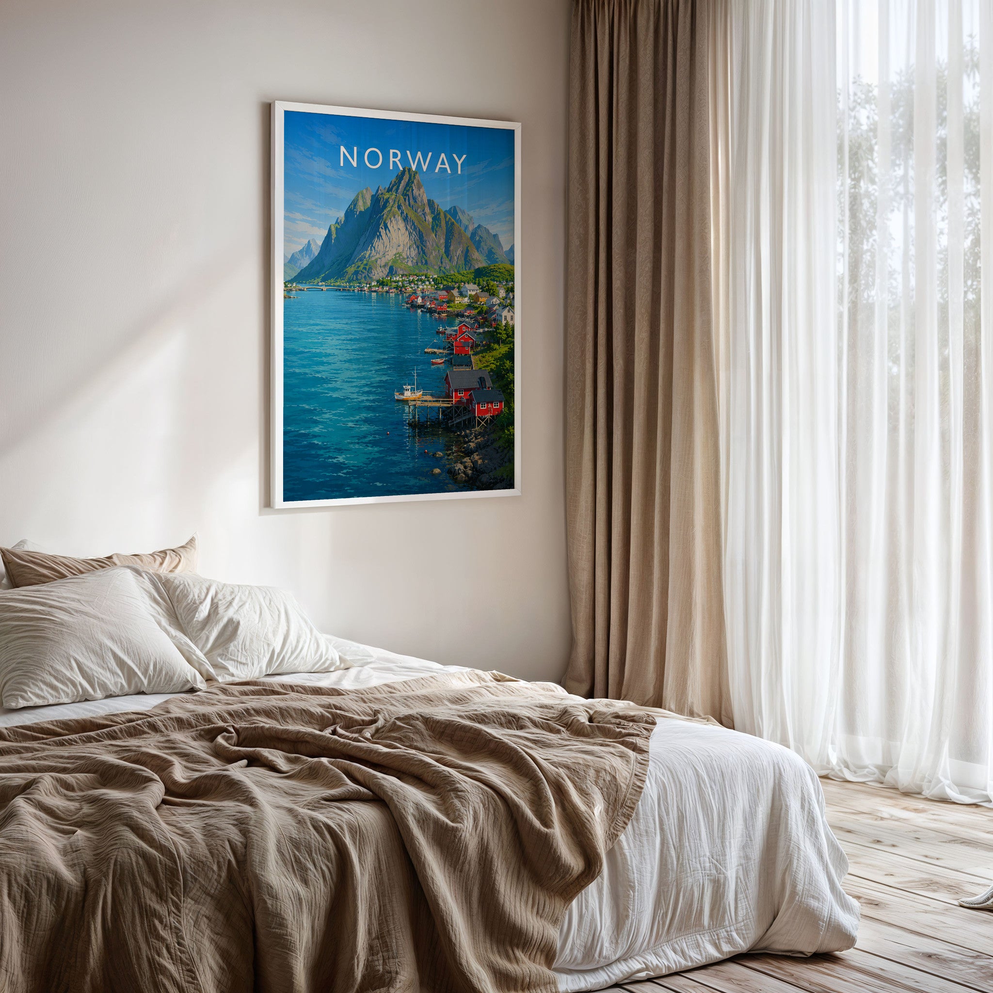 Norway Travel Poster framed on a bedroom wall