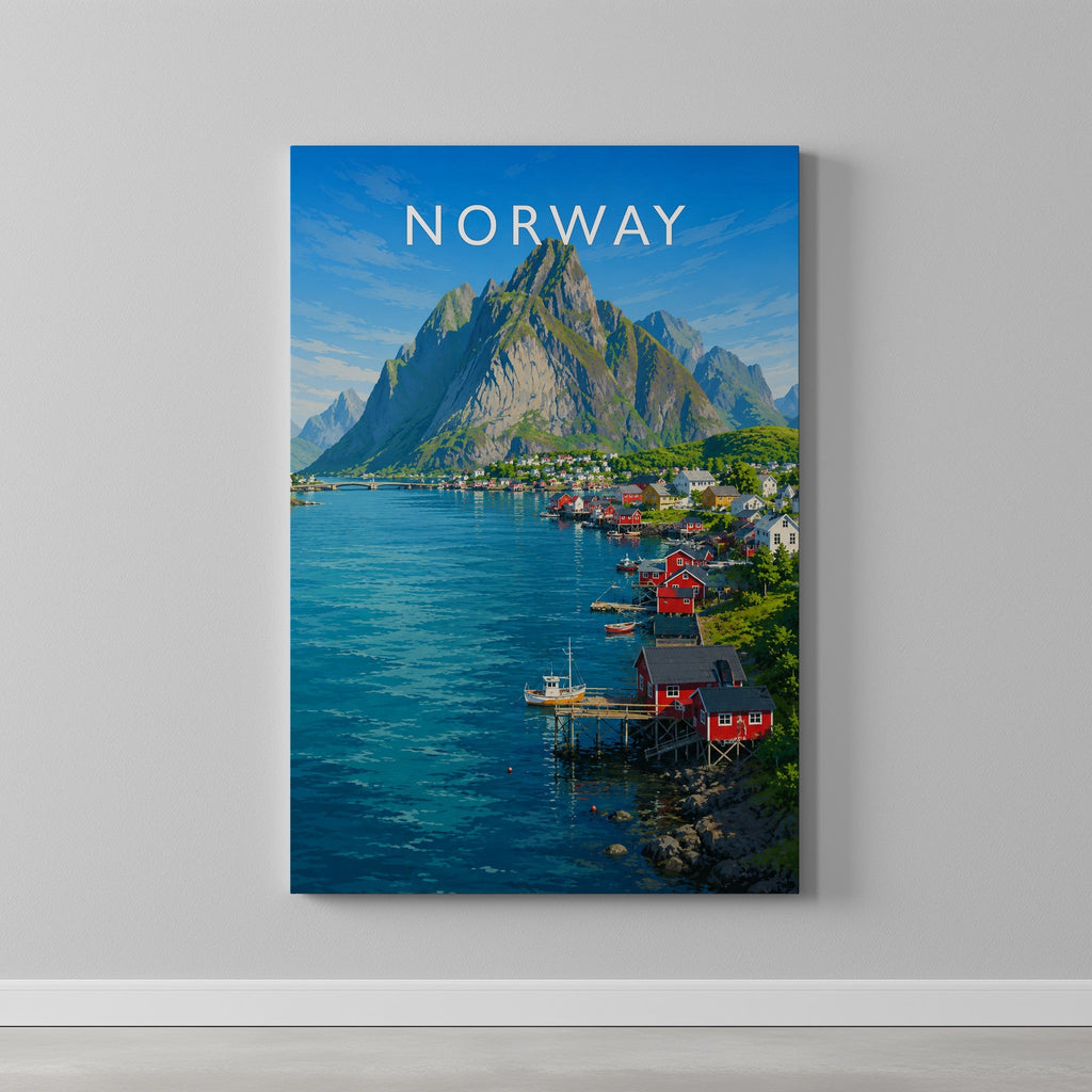 Norway Travel Poster as a gallery-wrapped canvas on a plain wall
