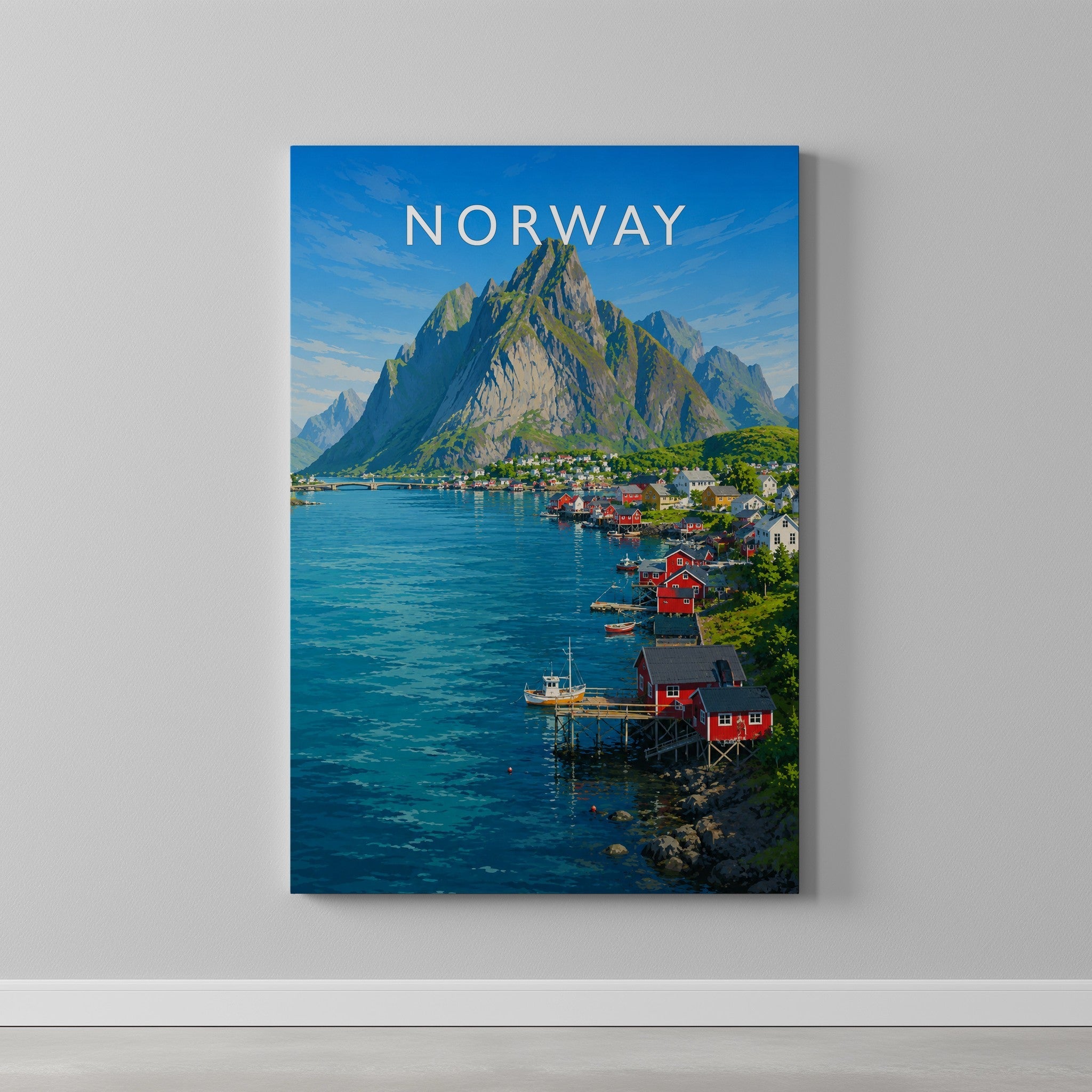 Norway Travel Poster as a gallery-wrapped canvas on a plain wall