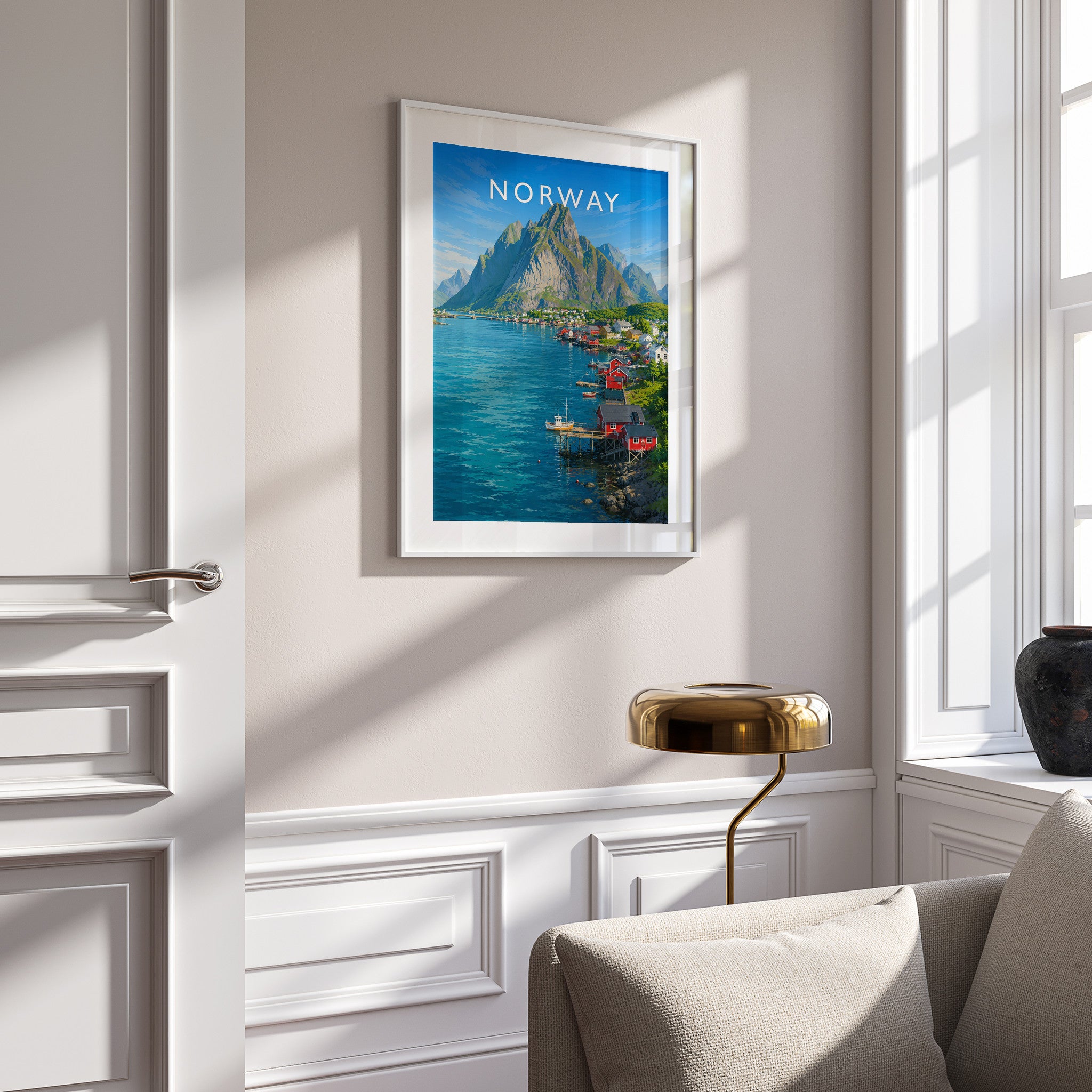 Norway Travel Poster in a white frame on a panelled wall