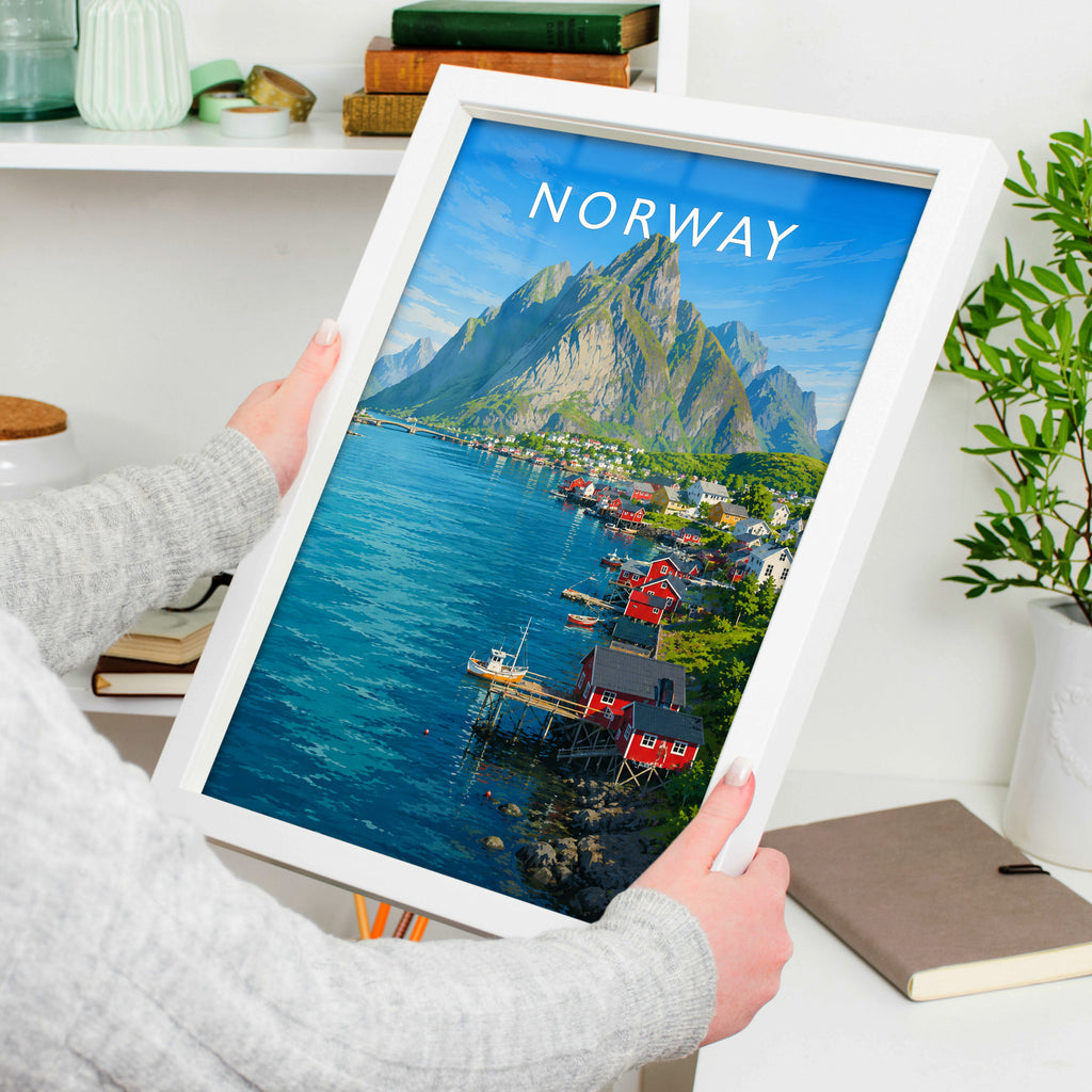 Norway Travel Poster in a white frame, held to show scale
