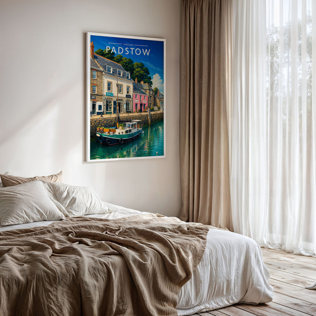 Padstow #2 Travel Poster framed on a bedroom wall