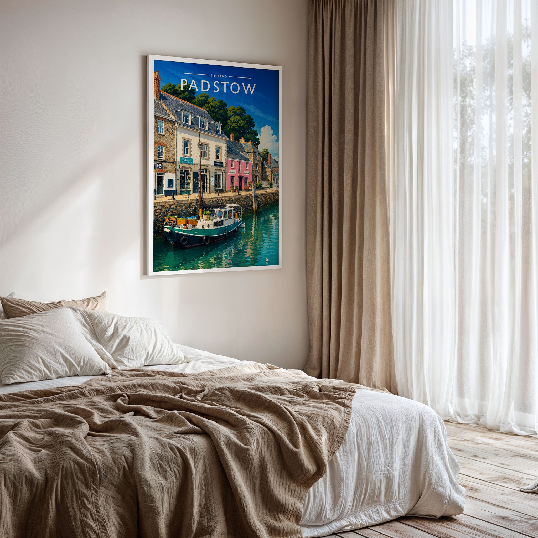 Padstow #2 Travel Poster framed on a bedroom wall