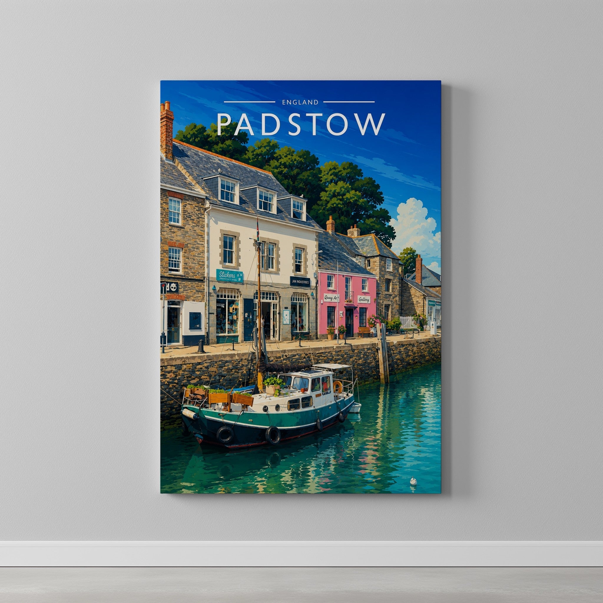 Padstow #2 Travel Poster as a gallery-wrapped canvas on a plain wall