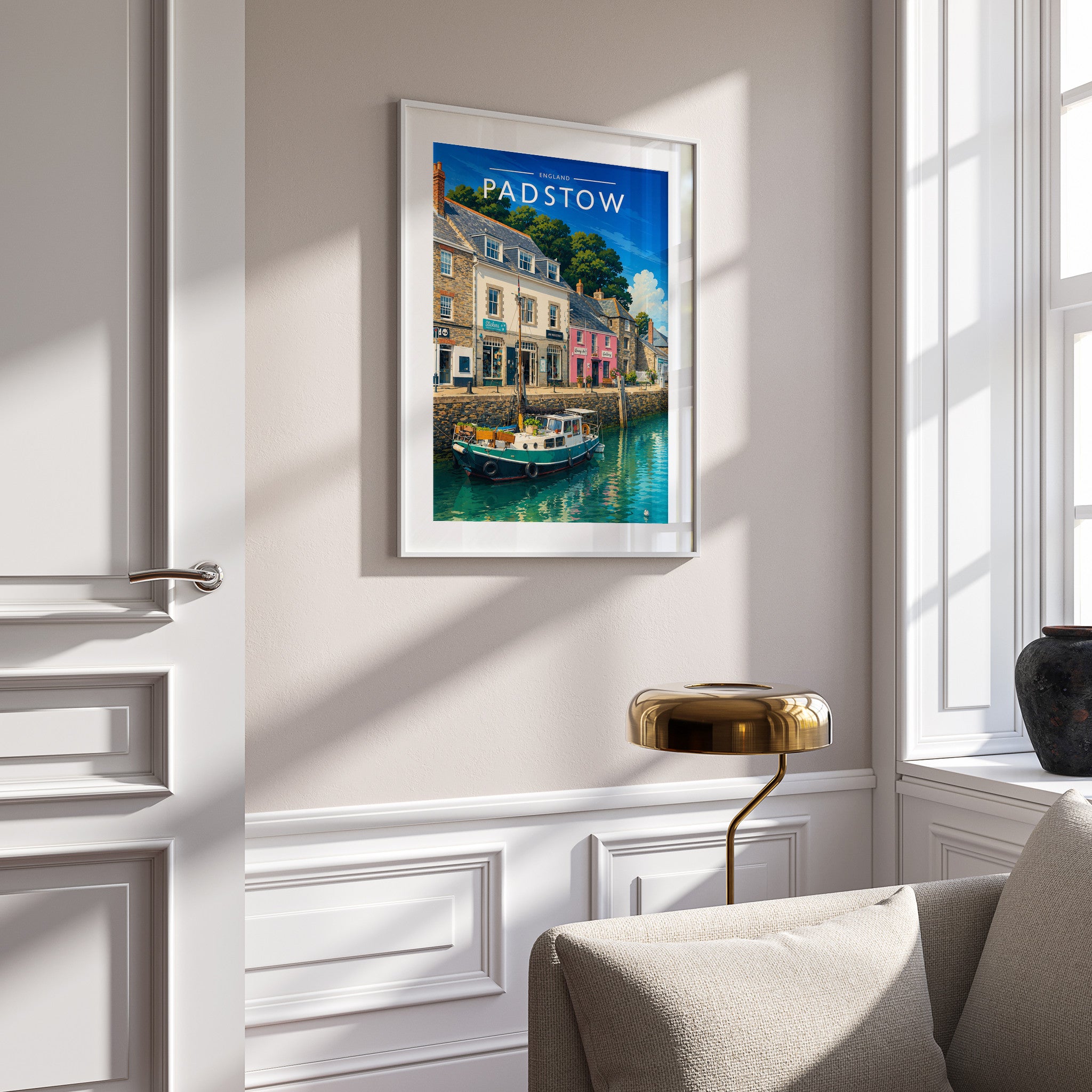 Padstow #2 Travel Poster in a white frame on a panelled wall