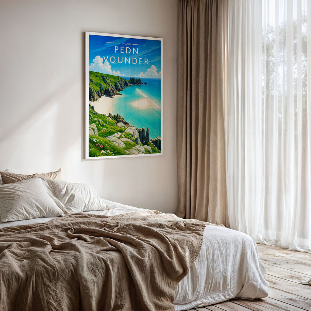 Pedn Vounder Travel Poster framed on a bedroom wall