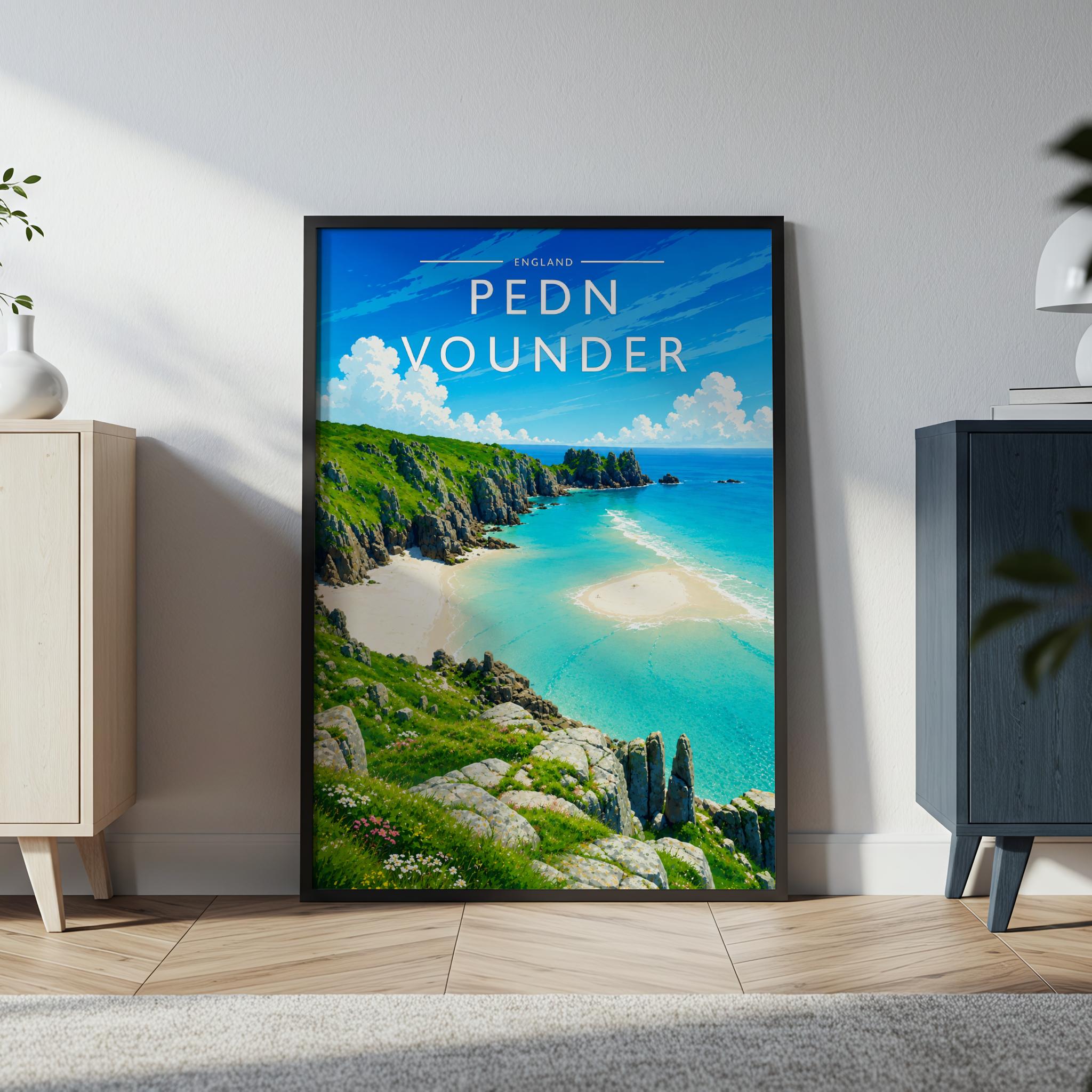 Pedn Vounder Travel Poster in a black frame