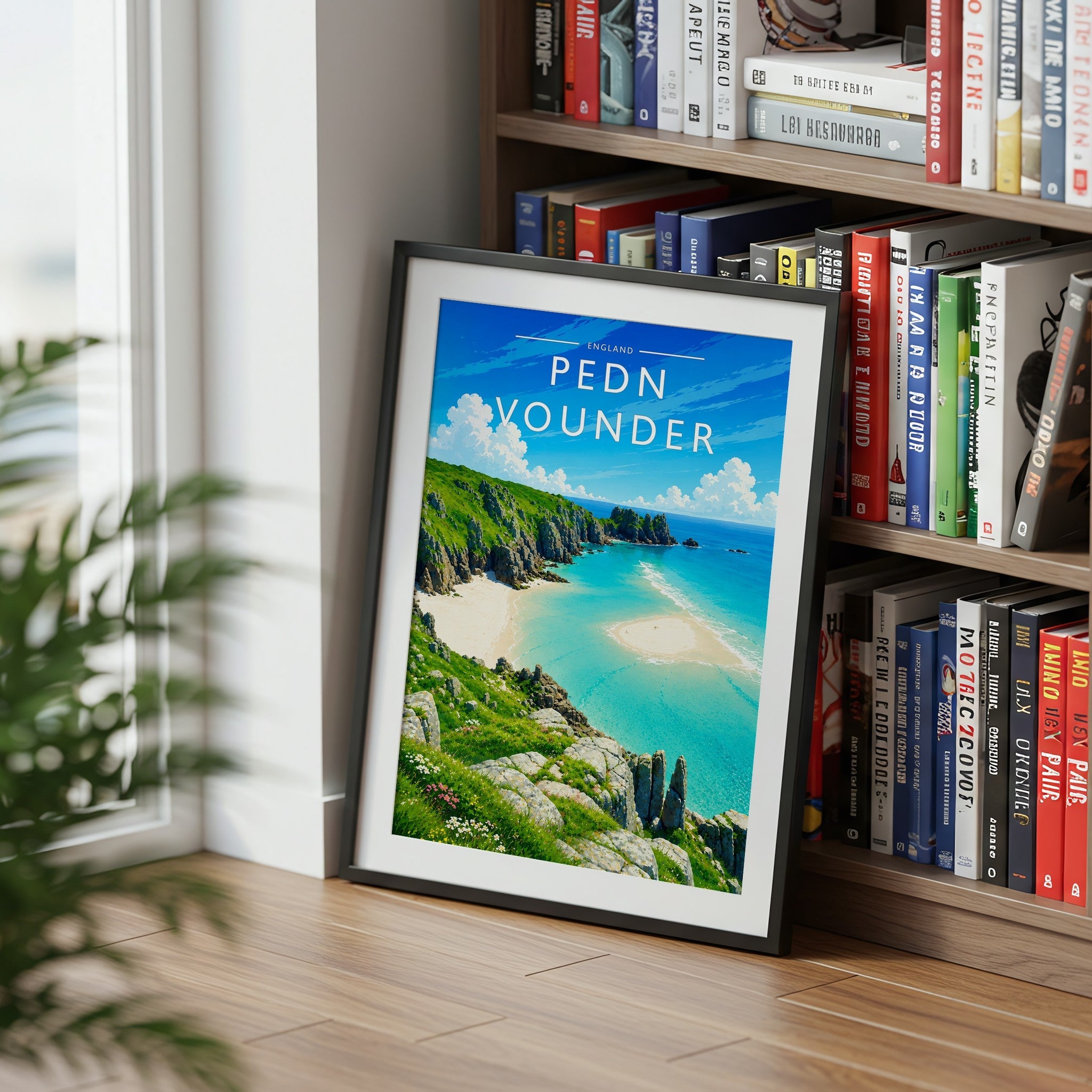 Pedn Vounder Travel Poster mounted in a black frame