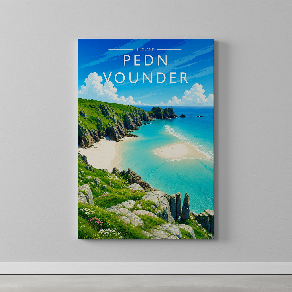 Pedn Vounder Travel Poster as a gallery-wrapped canvas on a plain wall