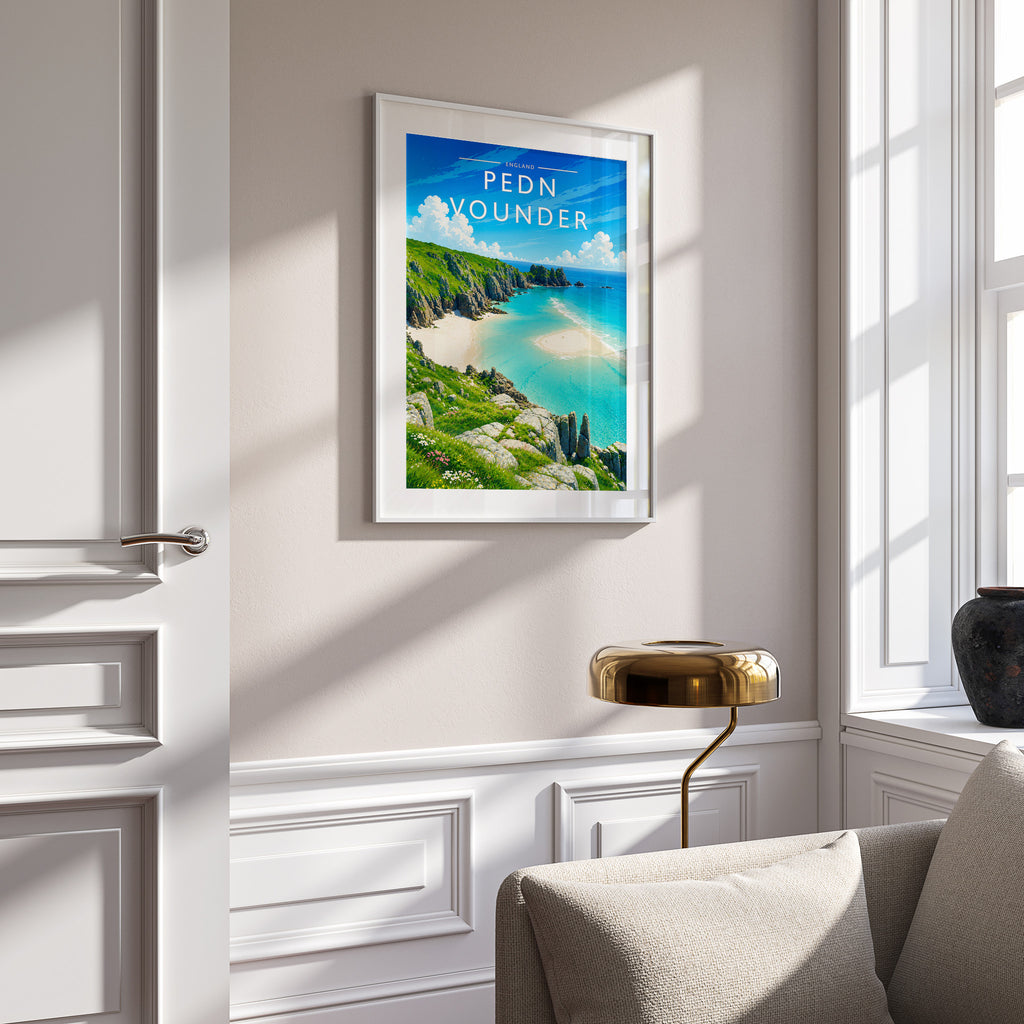 Pedn Vounder Travel Poster in a white frame on a panelled wall