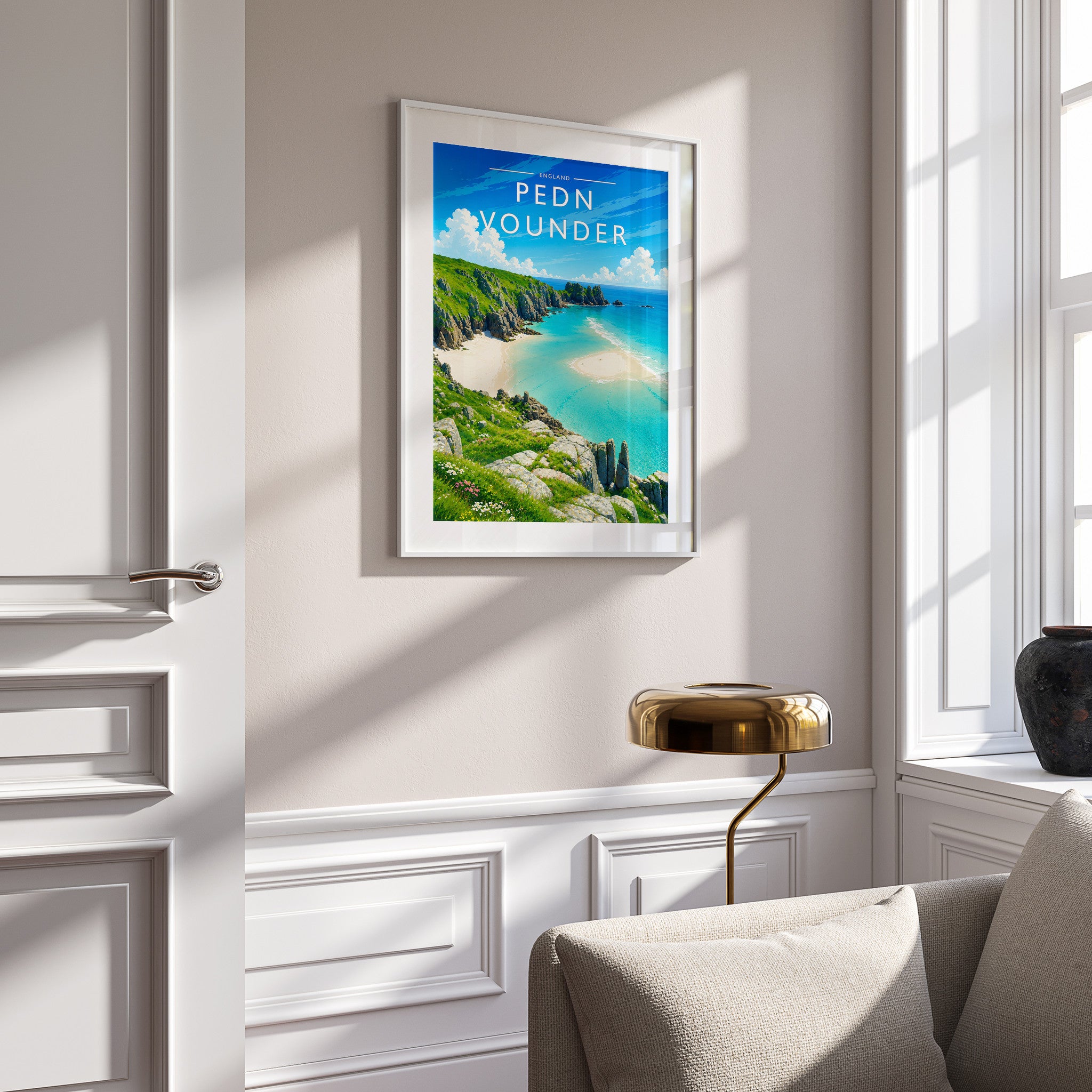 Pedn Vounder Travel Poster in a white frame on a panelled wall