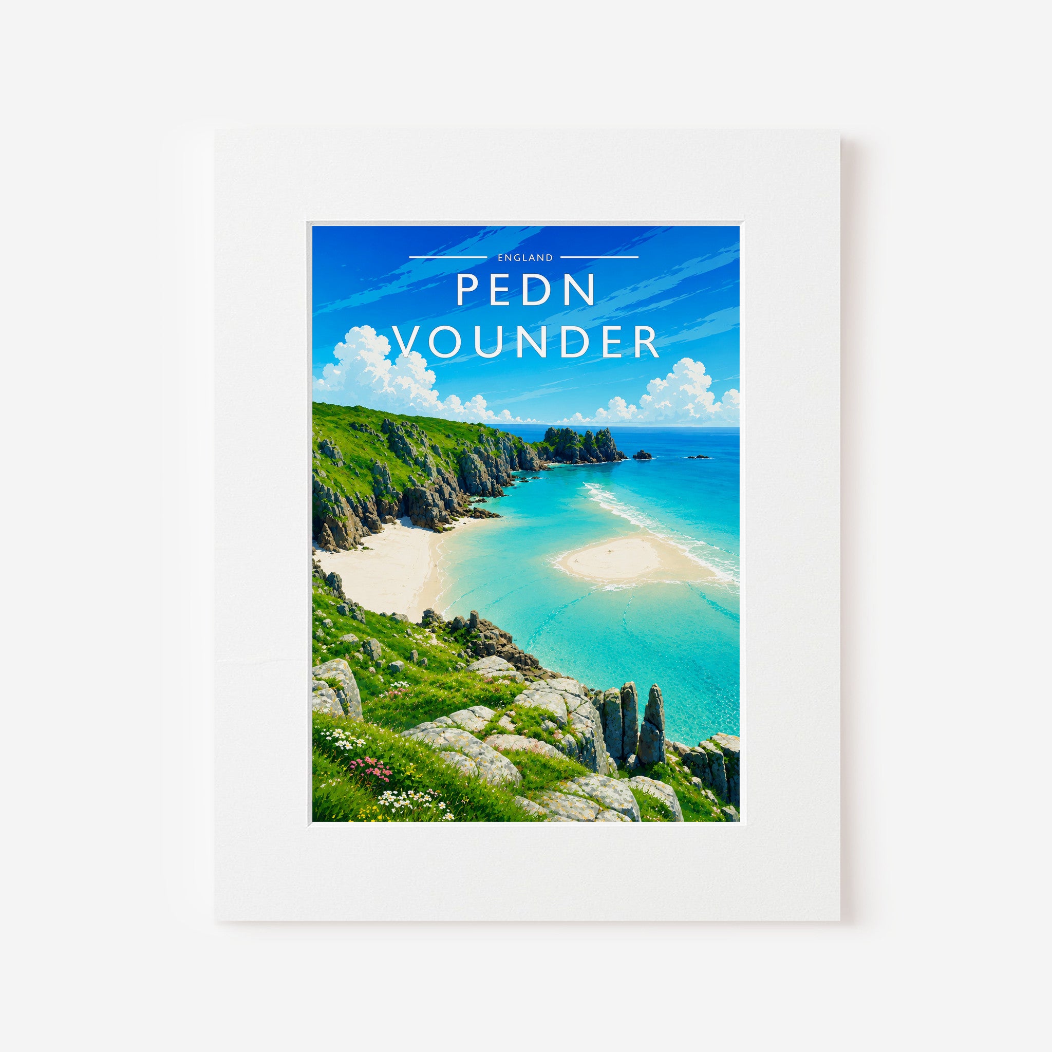 Pedn Vounder Travel Poster in a white mount