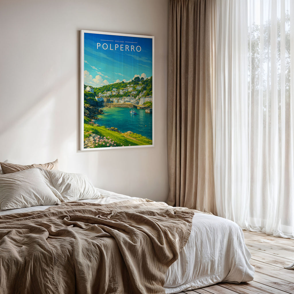 Polperro #2 Travel Poster framed on a bedroom wall