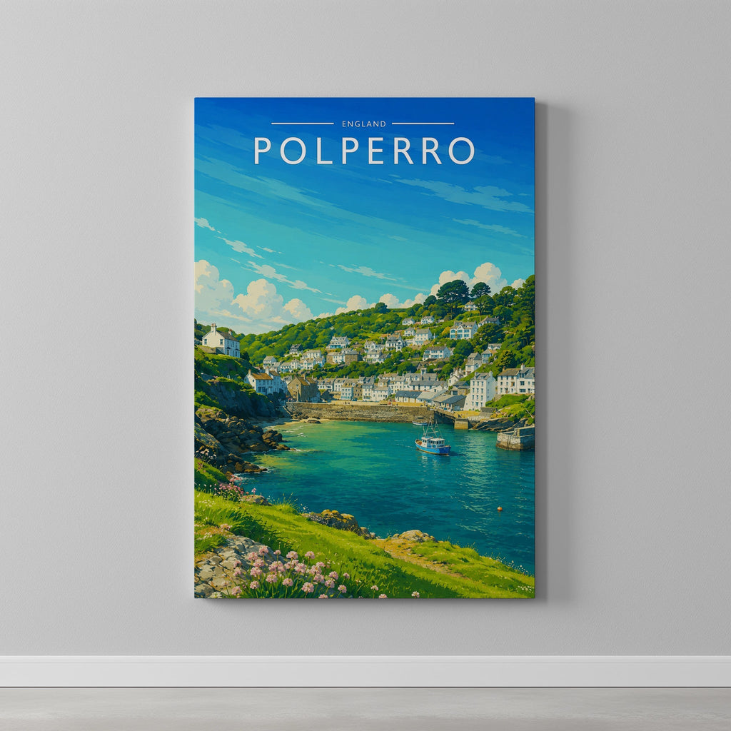 Polperro #2 Travel Poster as a gallery-wrapped canvas on a plain wall