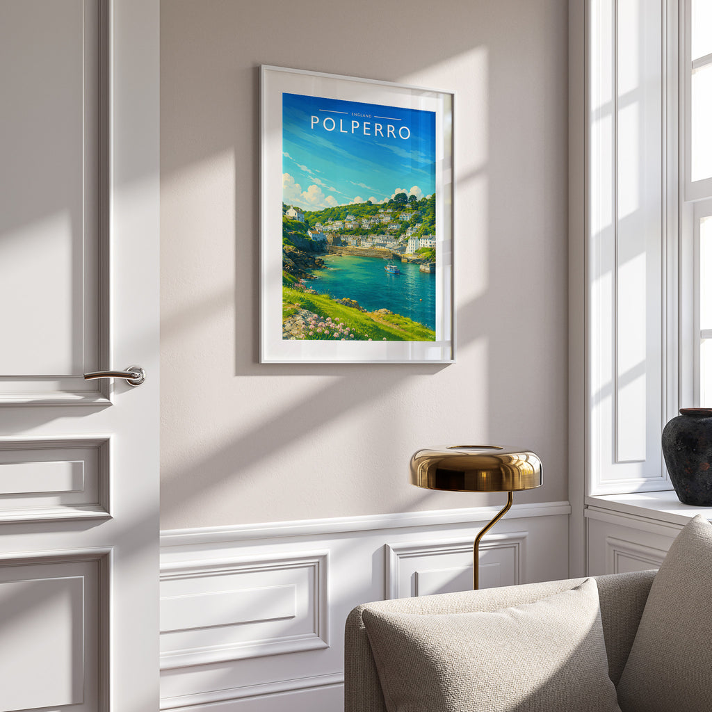 Polperro #2 Travel Poster in a white frame on a panelled wall