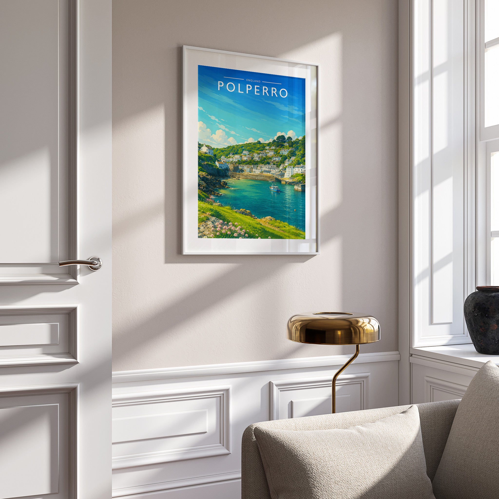 Polperro #2 Travel Poster in a white frame on a panelled wall
