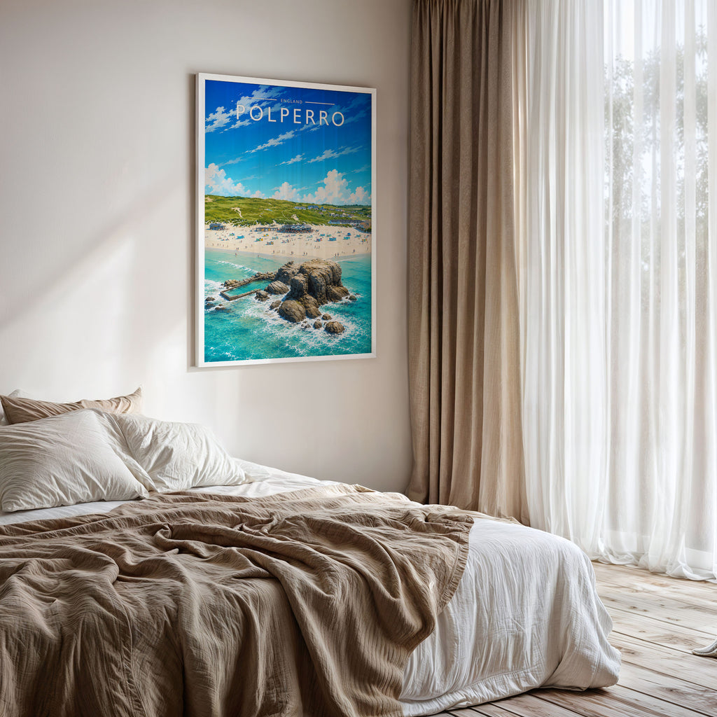 Polperro #3 Travel Poster framed on a bedroom wall