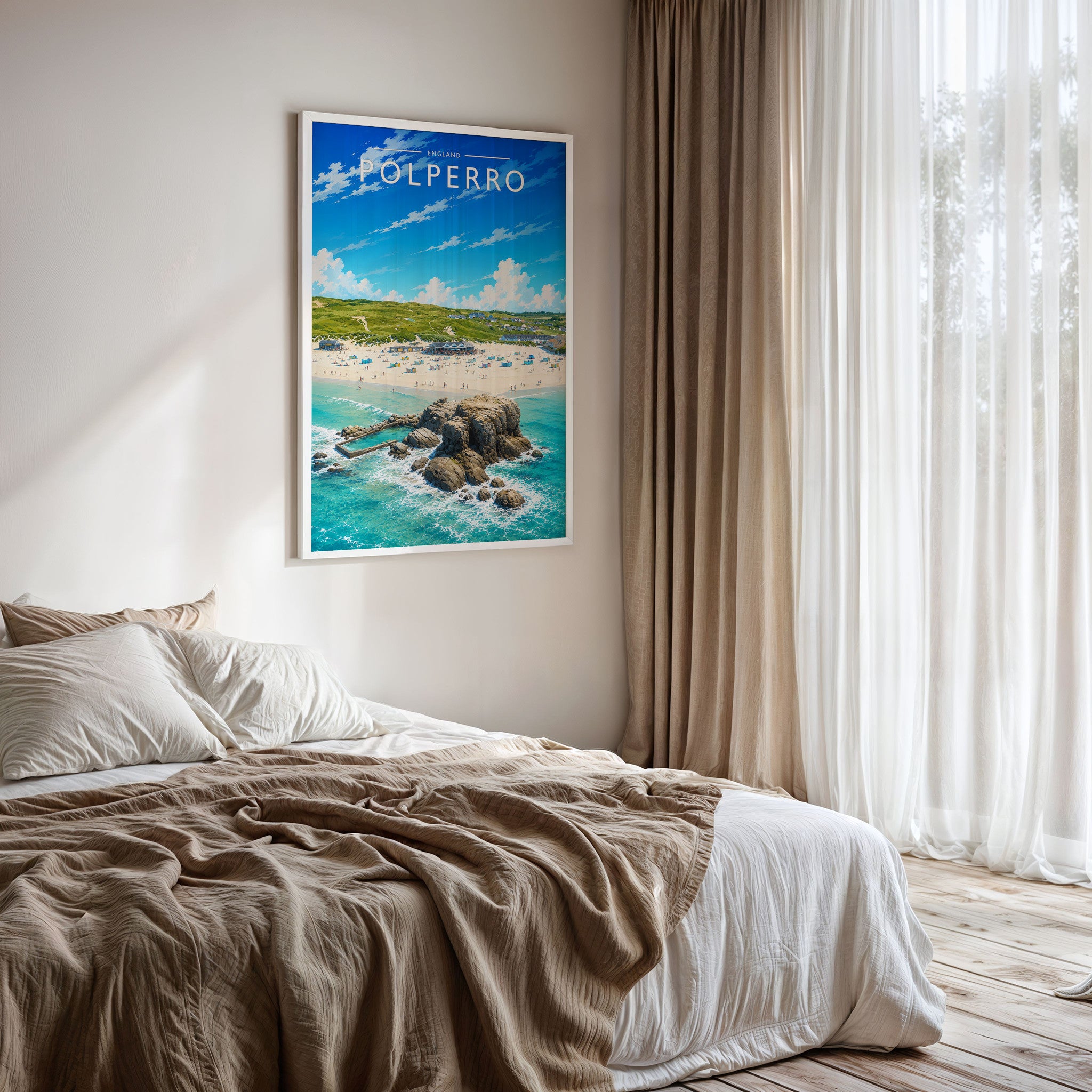 Polperro #3 Travel Poster framed on a bedroom wall