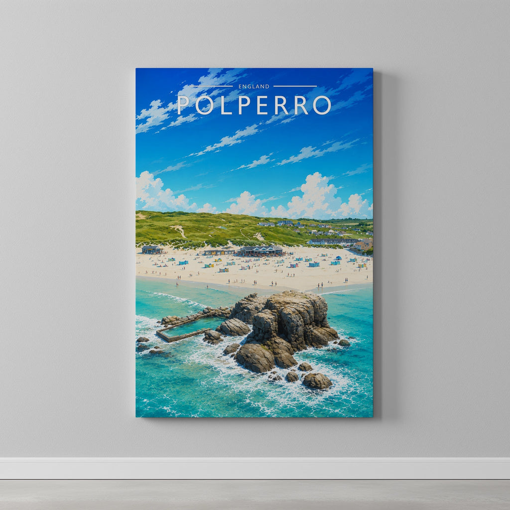 Polperro #3 Travel Poster as a gallery-wrapped canvas on a plain wall